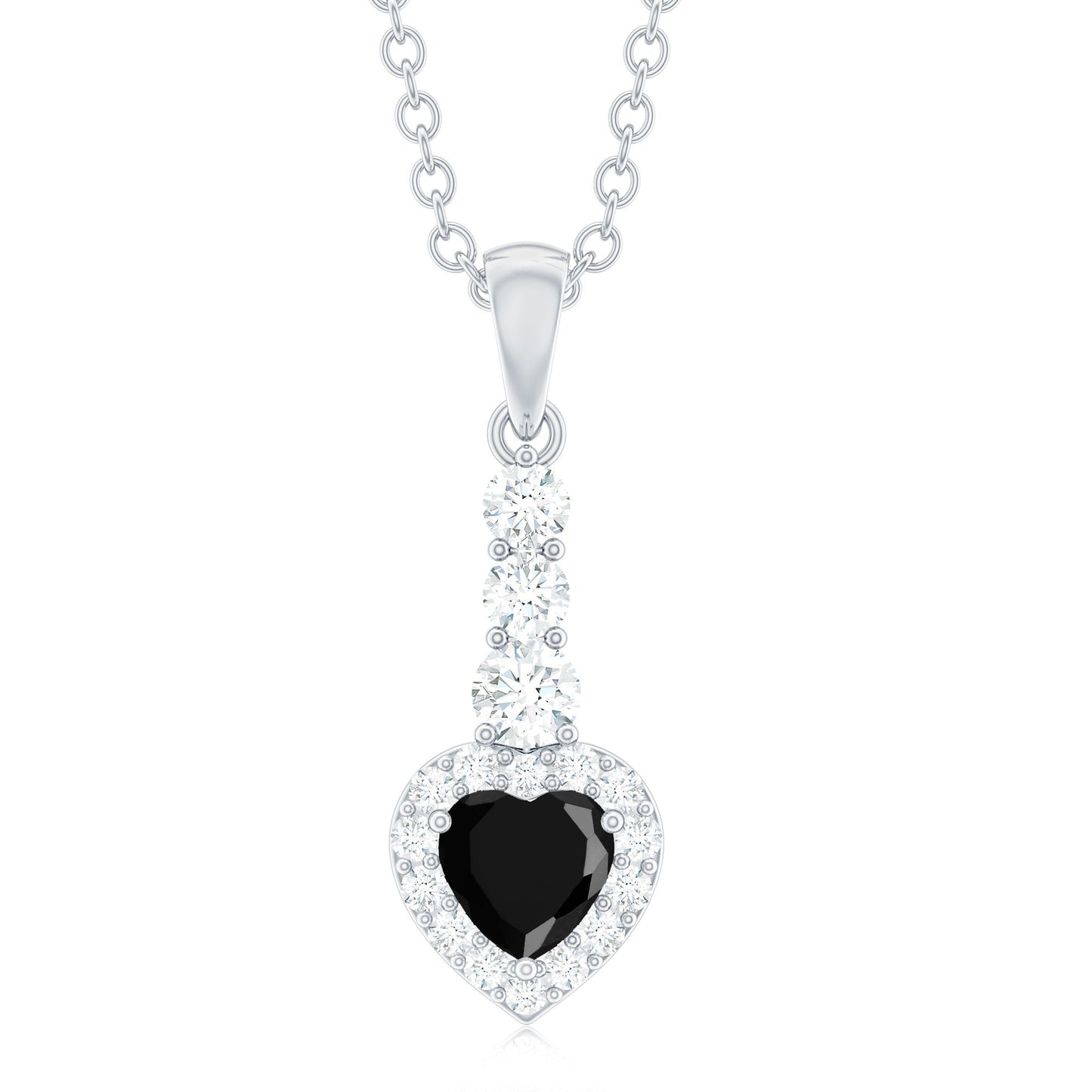 Natural Black Spinel Heart Pendant Necklace with Diamond Halo