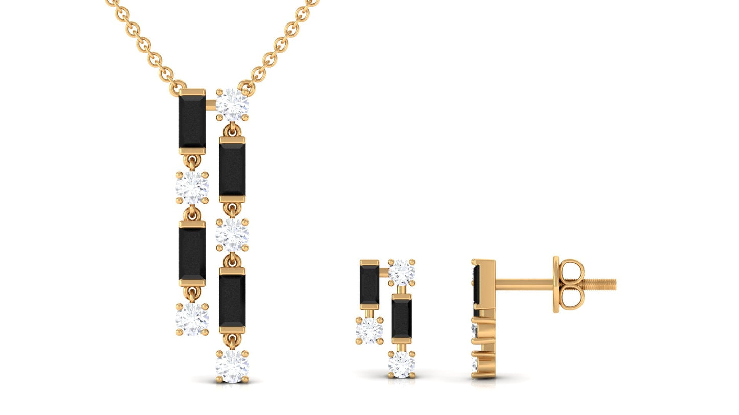 Real Baguette Shape Black Spinel Jewelry Set with Diamond