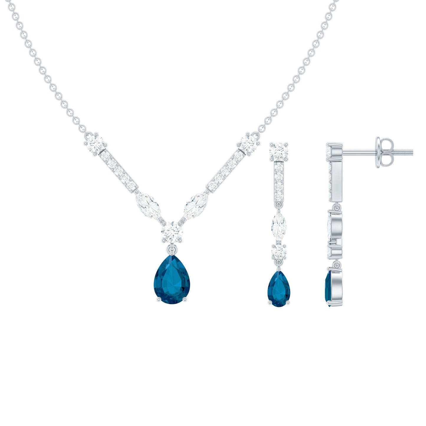Pear Shape London Blue Topaz and Moissanite Wedding Necklace Earrings Set