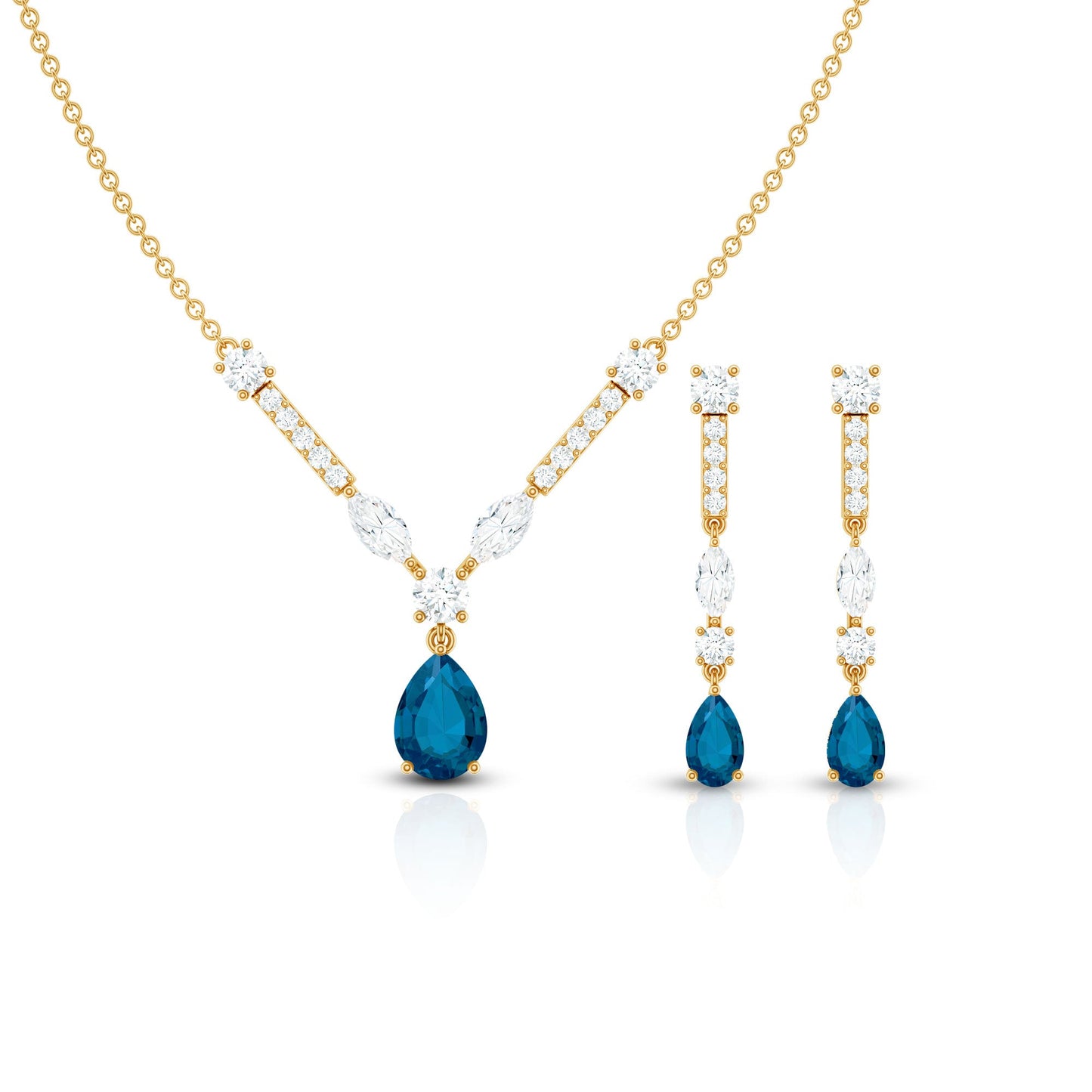 Pear Shape London Blue Topaz and Moissanite Wedding Necklace Earrings Set