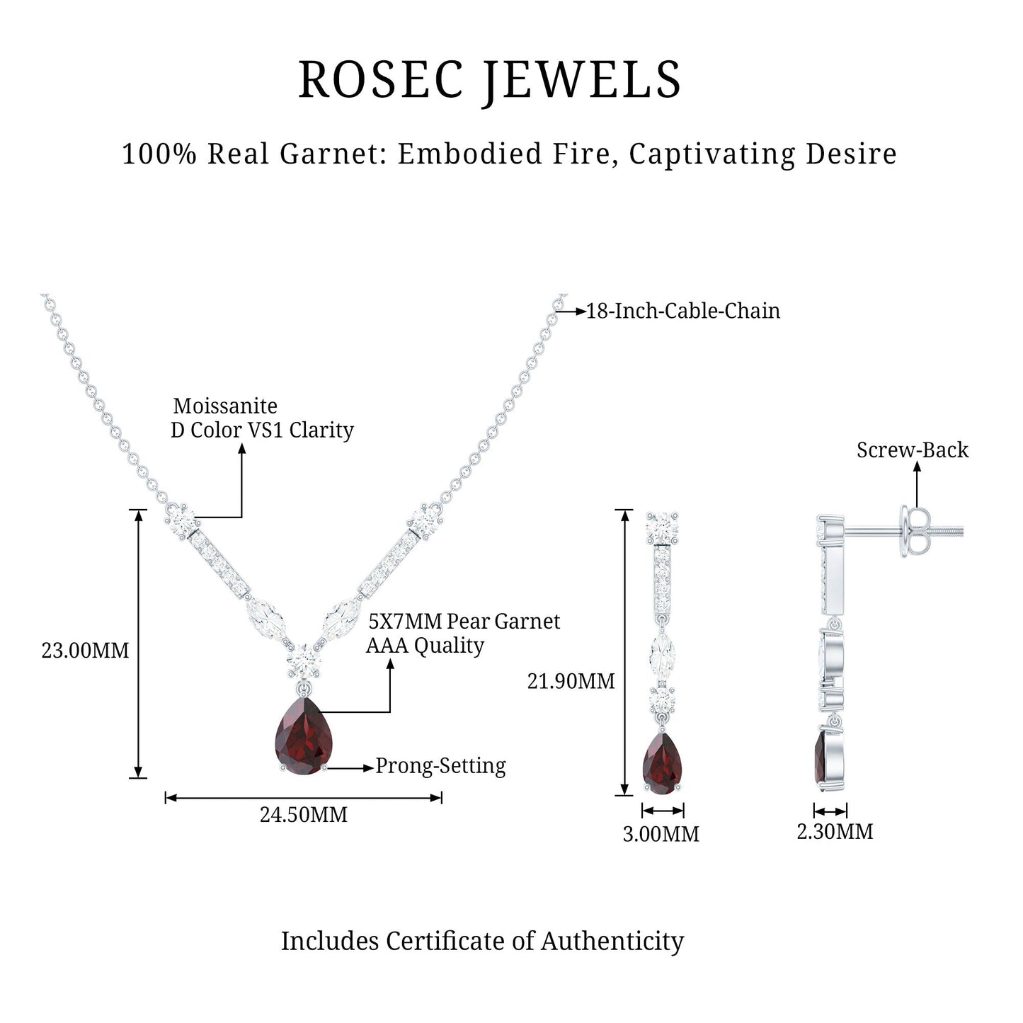 Garnet Drop & Dangle Necklace and Earrings Set with Moissanite