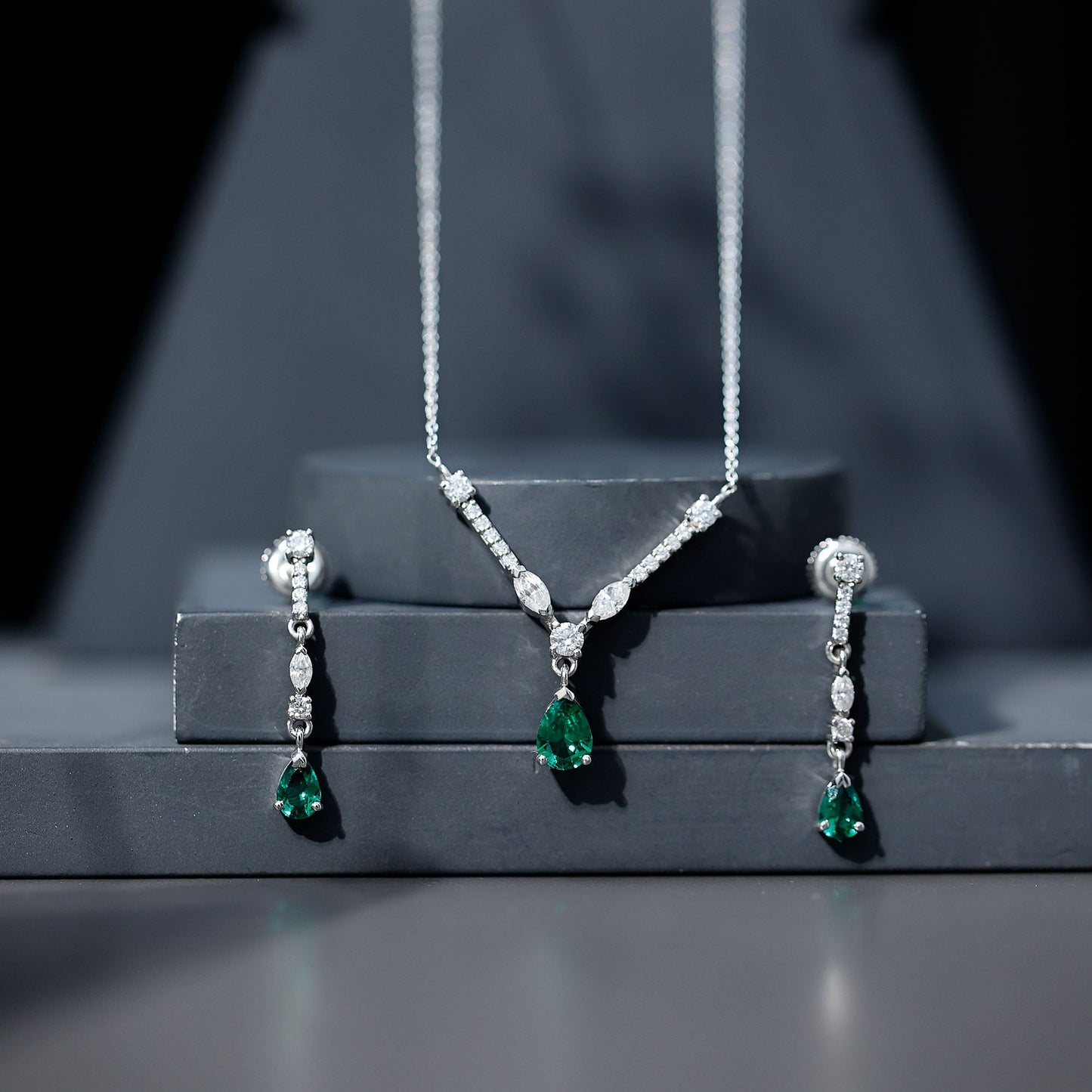 Lab Created Emerald and Moissanite Bridal Necklace Earrings Set