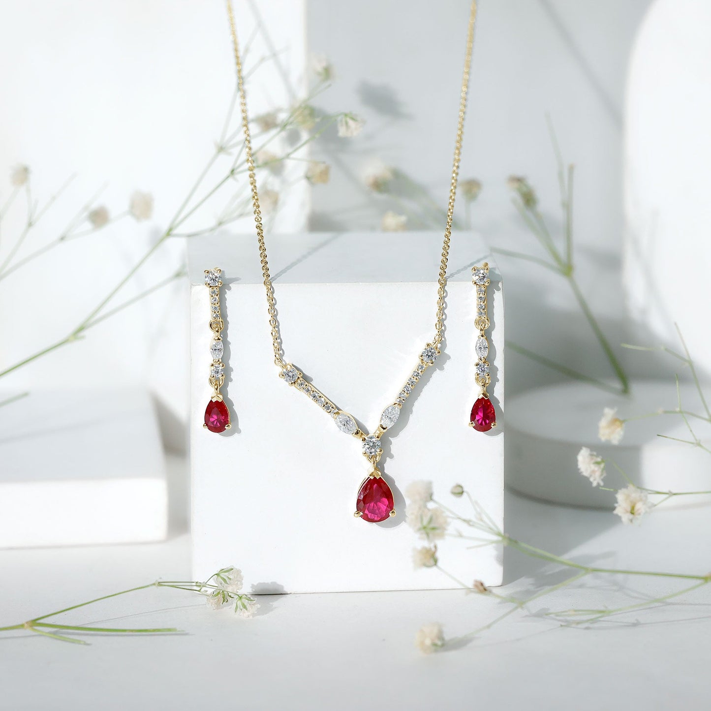Lab Created Ruby and Moissanite Teardrop Necklace Earrings Set