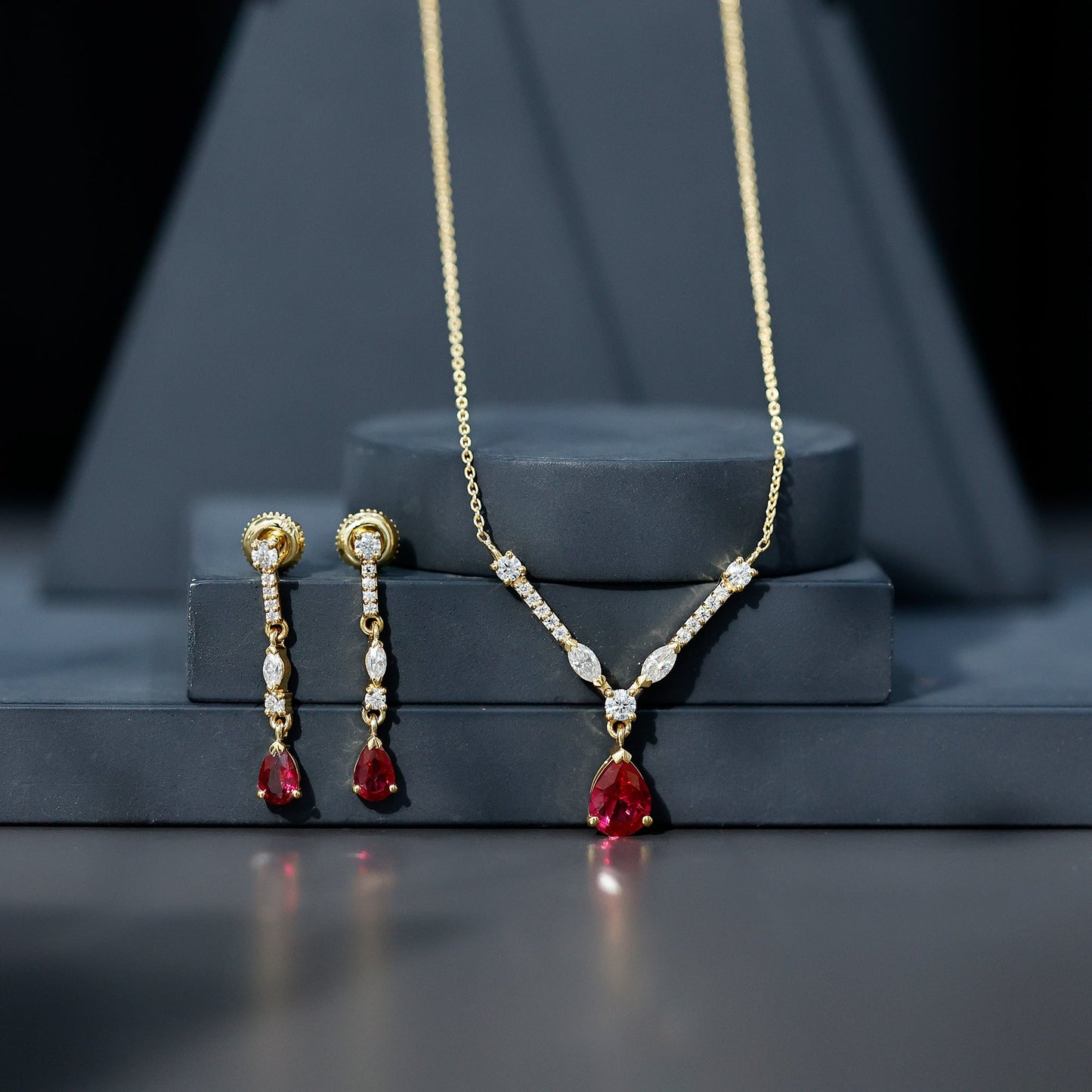 Lab Created Ruby and Moissanite Teardrop Necklace Earrings Set