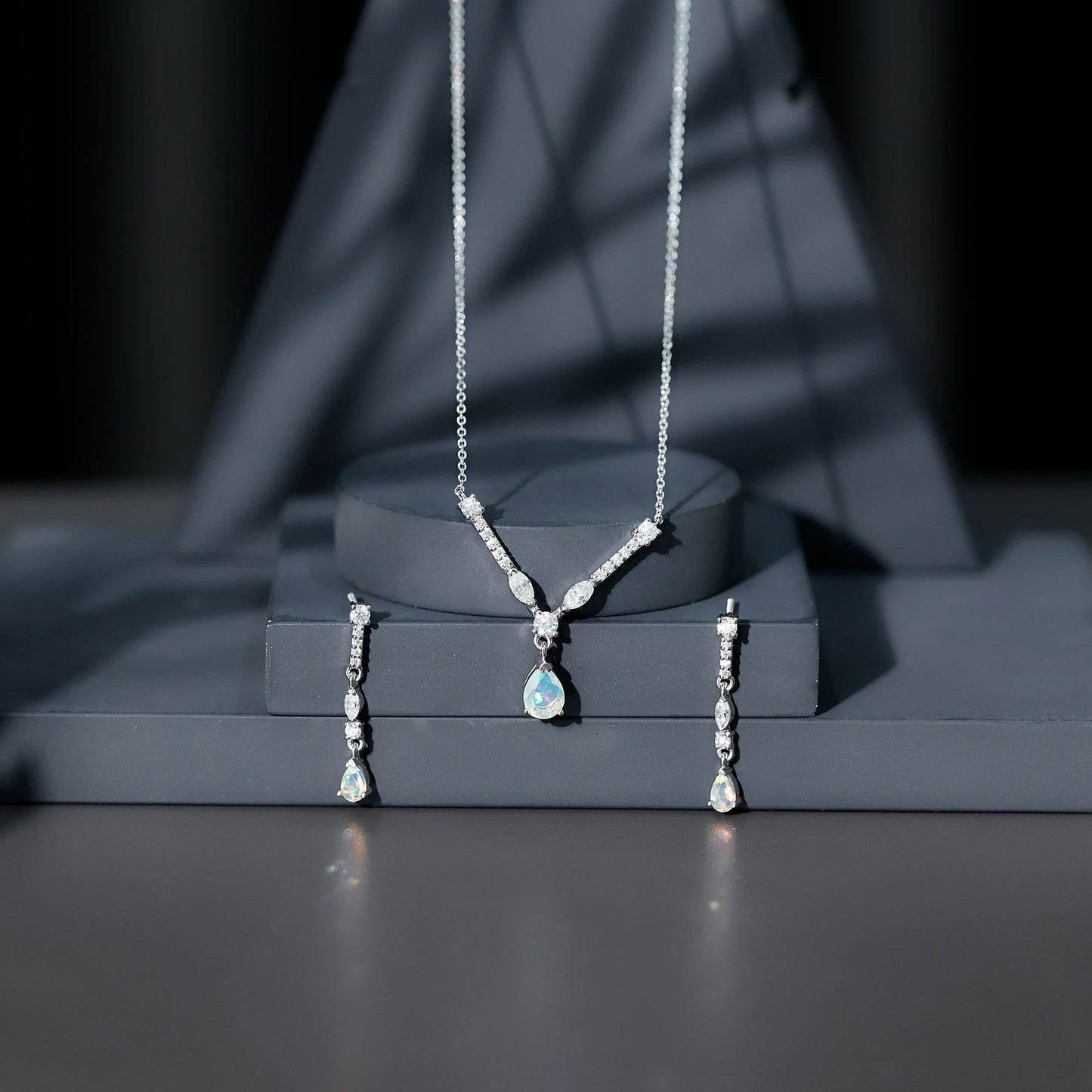 Natural Ethiopian Opal and Moissanite Teardrop Jewelry Set