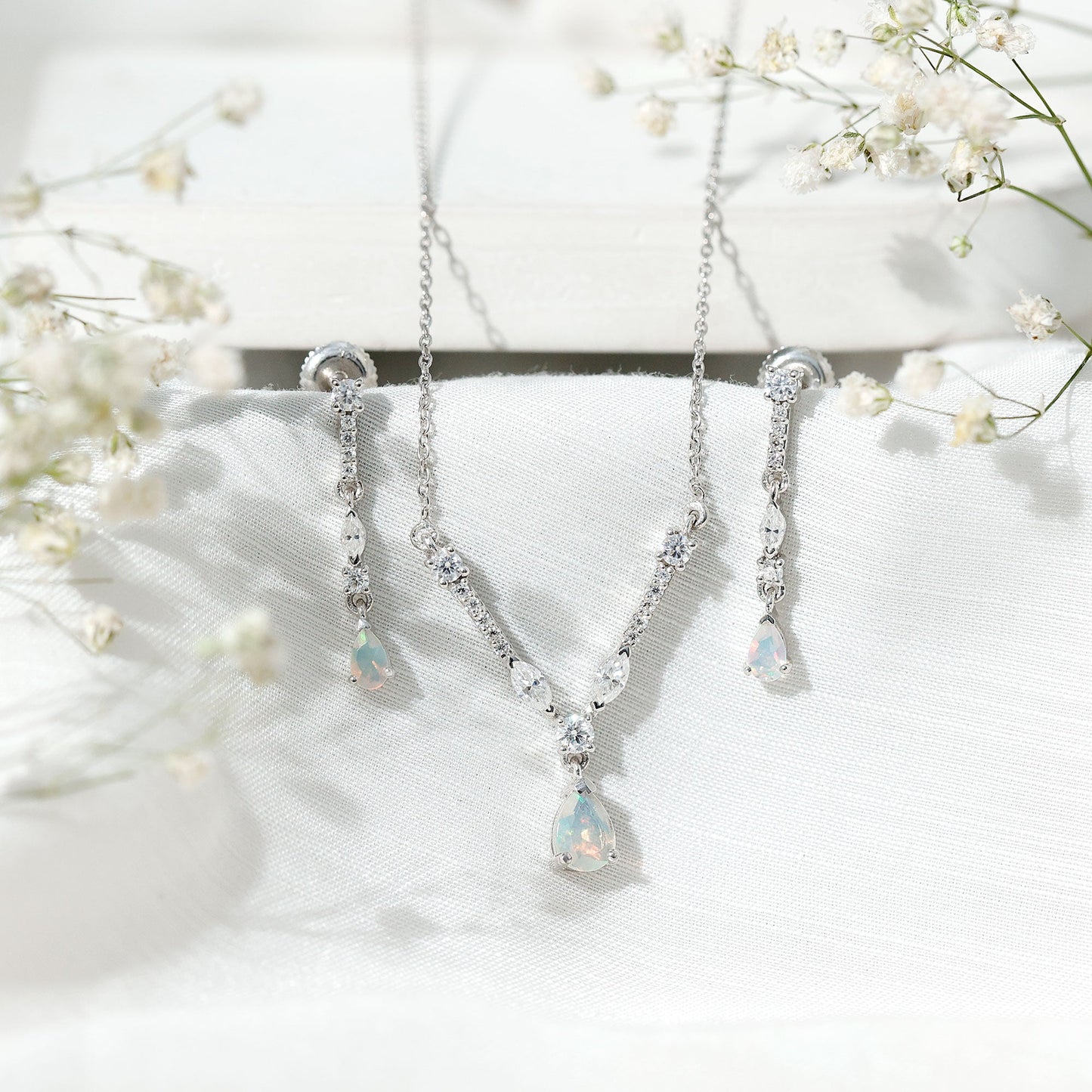 Natural Ethiopian Opal and Moissanite Teardrop Jewelry Set