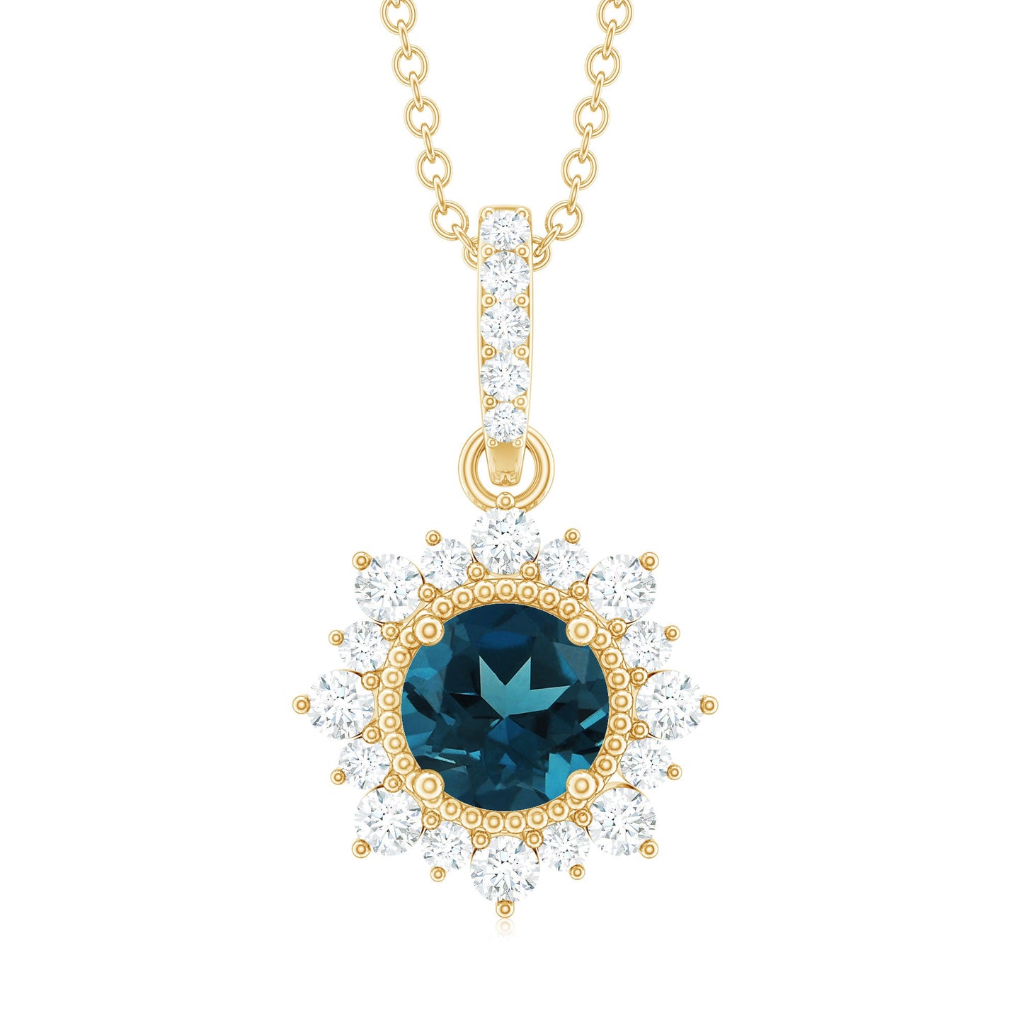 1.3 Carat Round London Blue Topaz Halo Pendant with Diamonds