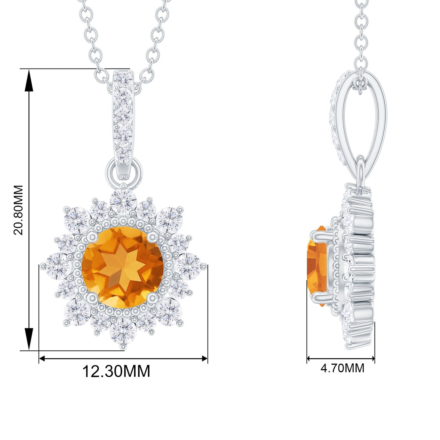 Natural 1.2 Carat Citrine Pendant Necklace with Diamond Halo