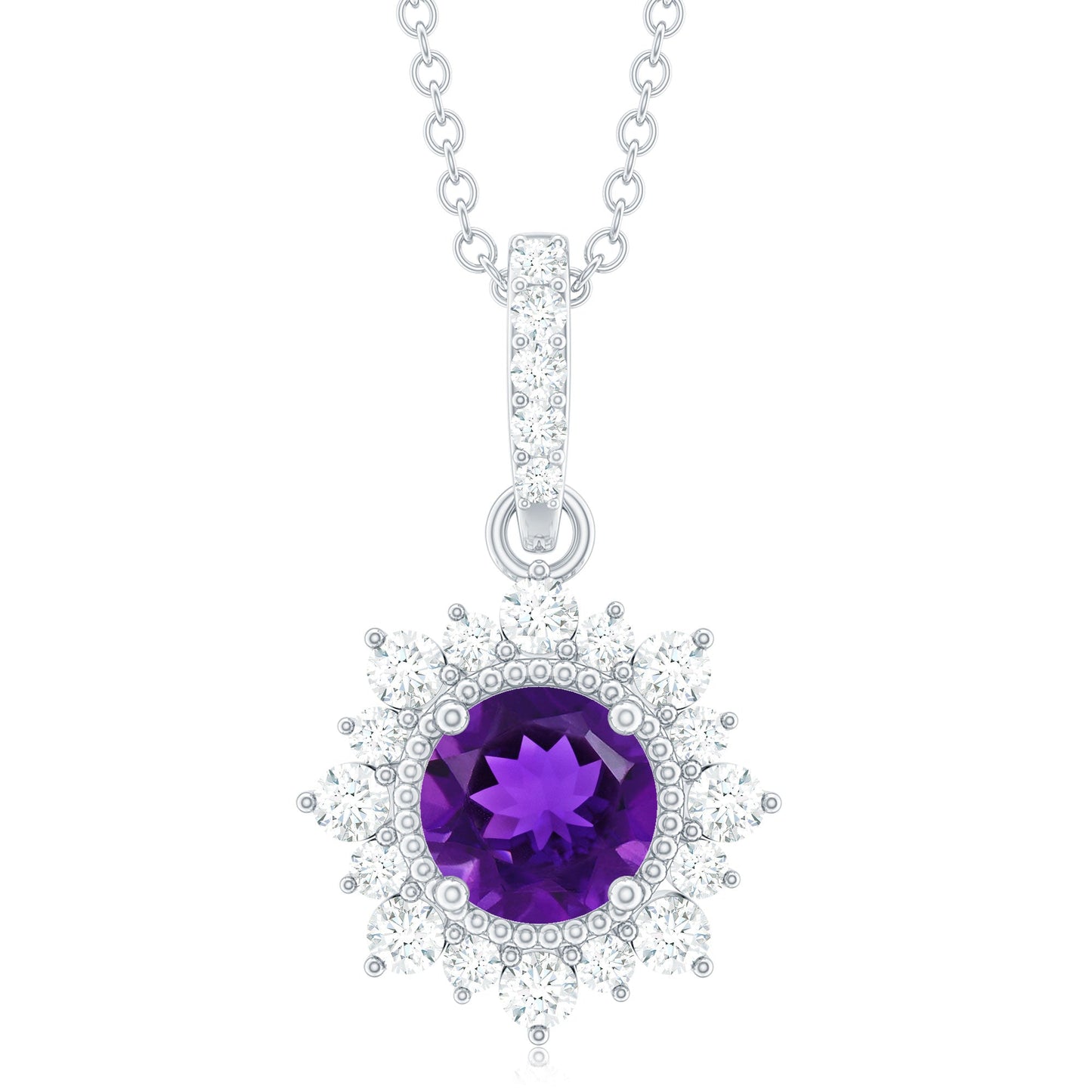 Certified Natural Amethyst Pendant Necklace with Diamond Halo