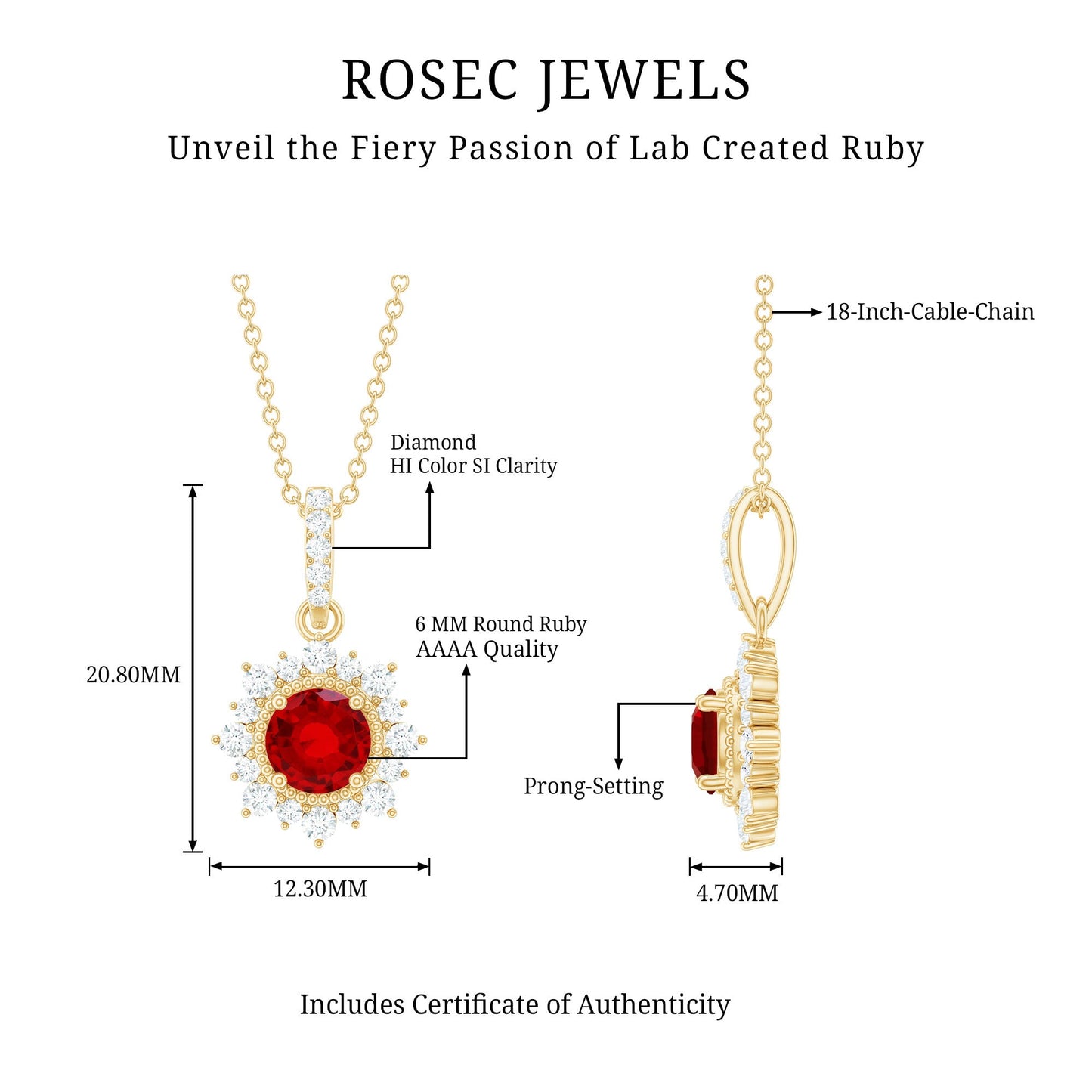 1.3 Carat Round Lab Created Ruby Bridal Necklace with Diamond Halo