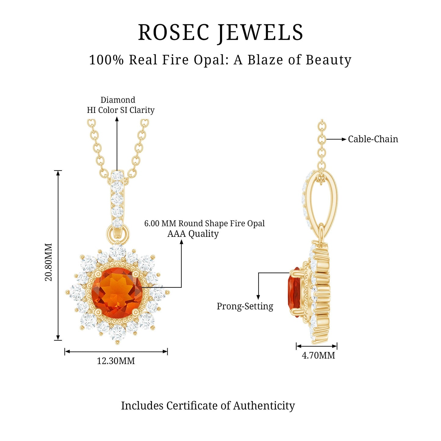 Round Fire Opal and Diamond Halo Pendant Necklace