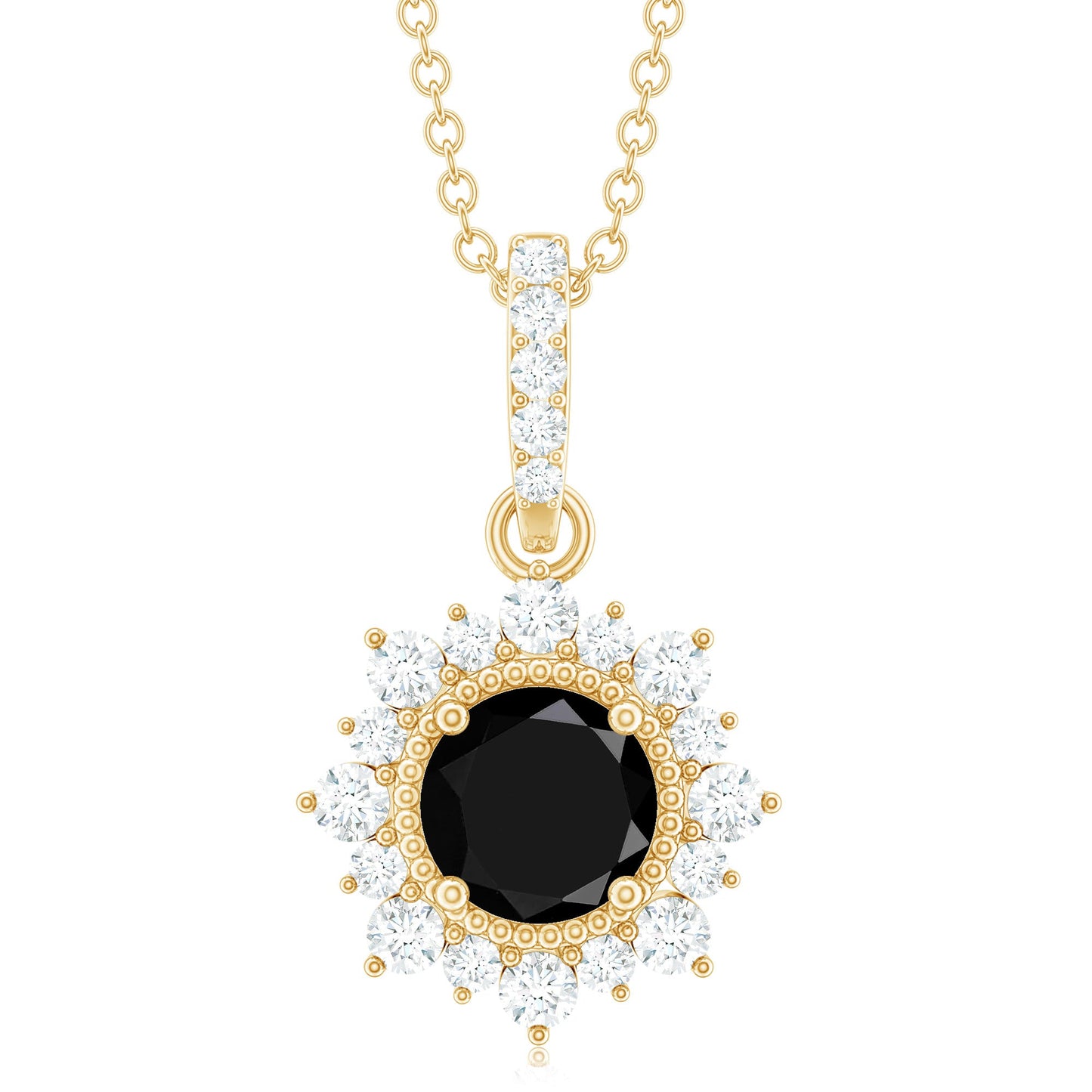 Natural 2 Carat Black Onyx Pendant Necklace with Diamond Halo