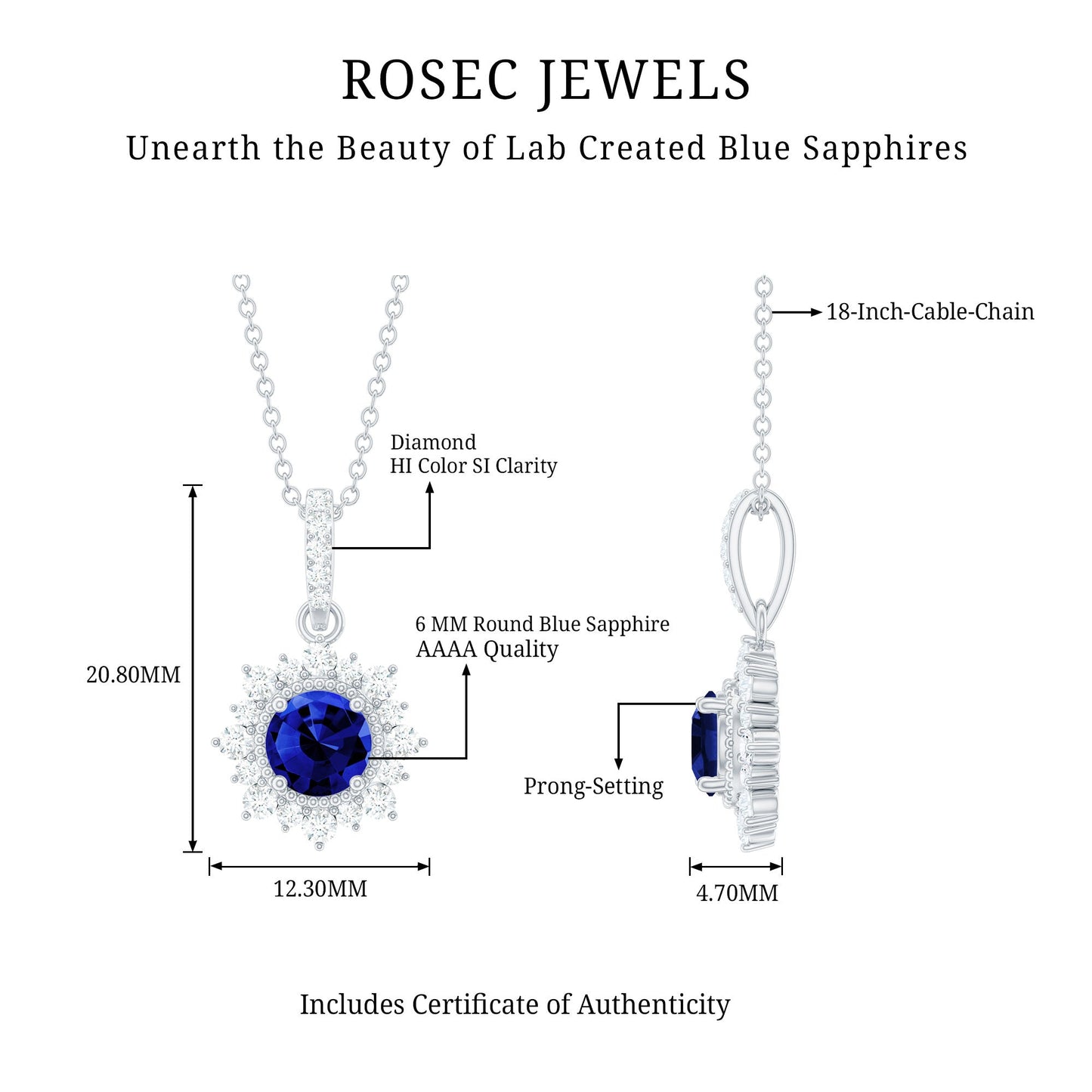 1 Carat Round Lab Grown Blue Sapphire Halo Necklace with Diamond