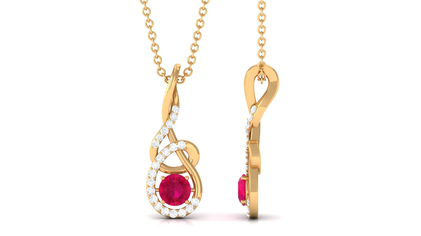 Designer Round Ruby and Diamond Twisted Drop Pendant