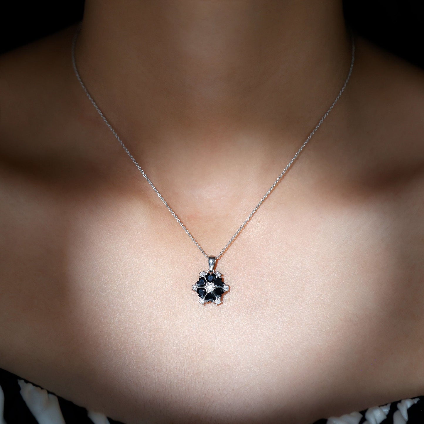 Natural Heart Shape Black Spinel Flower Pendant Necklace with Diamond