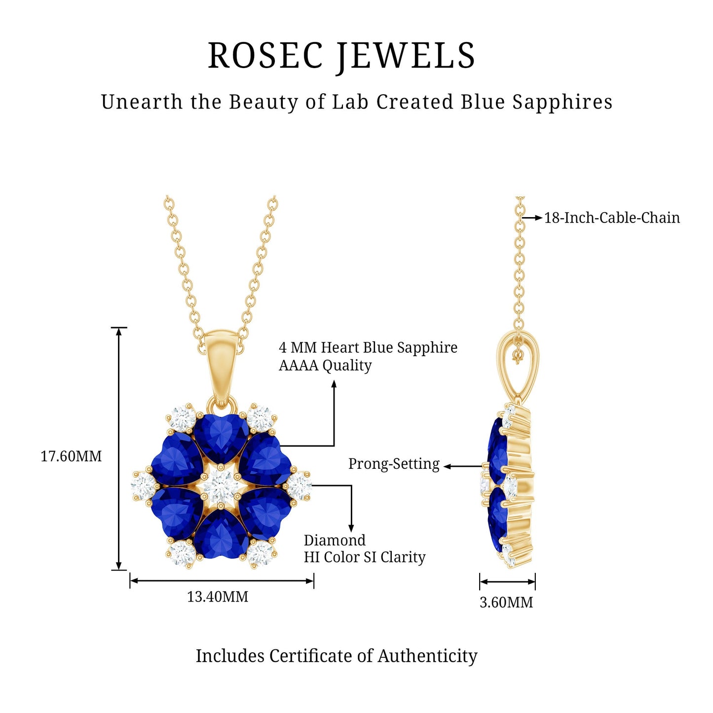 2 Carat Lab Grown Blue Sapphire Heart Pendant Necklace