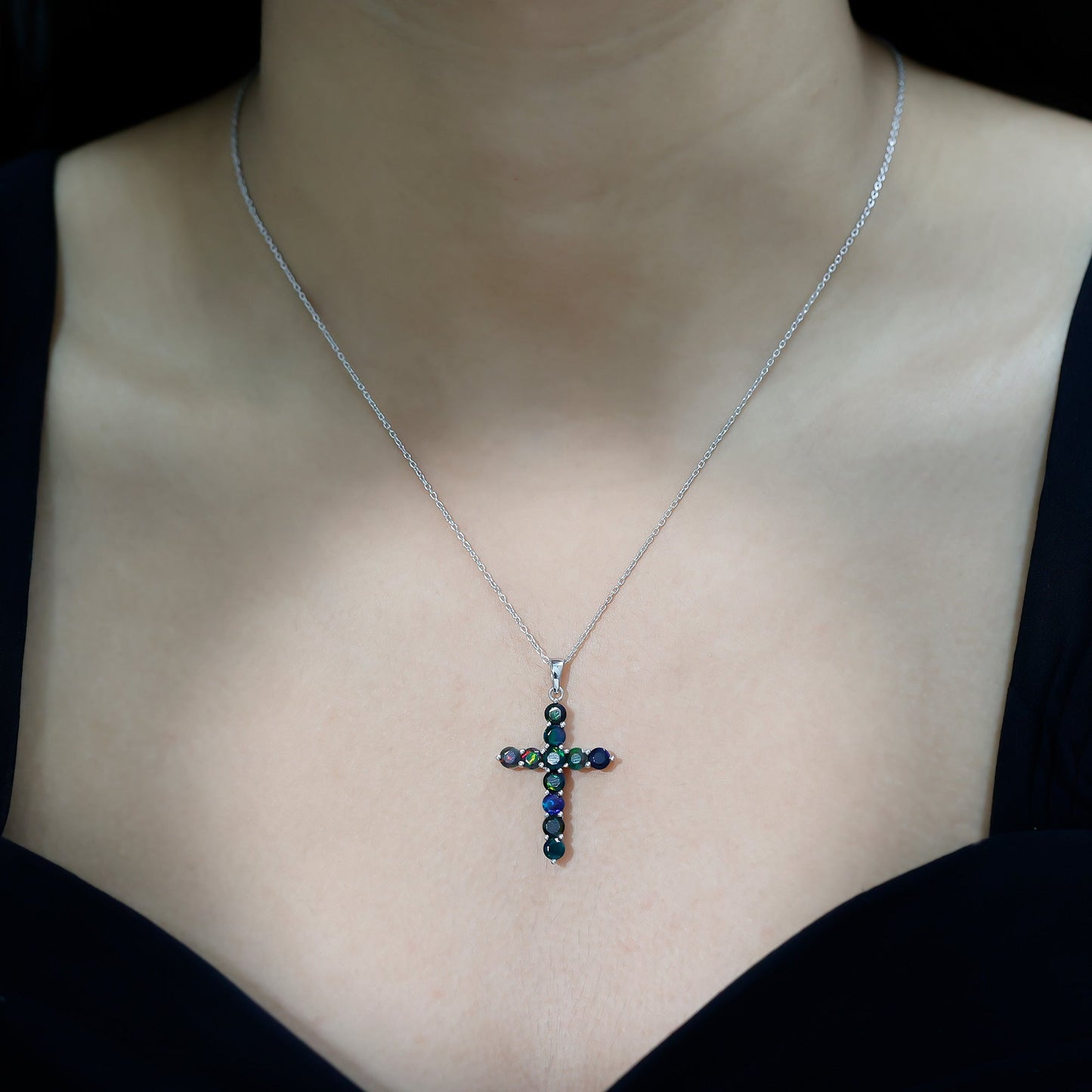 Natural Black Opal Cross Pendant Necklace in Silver