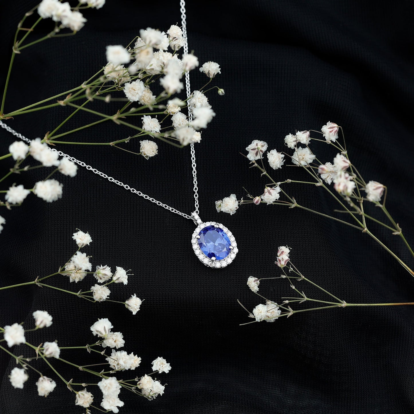 Certified 4 Carat Oval Lab Grown Blue Sapphire Bridal Necklace with Silver Chain