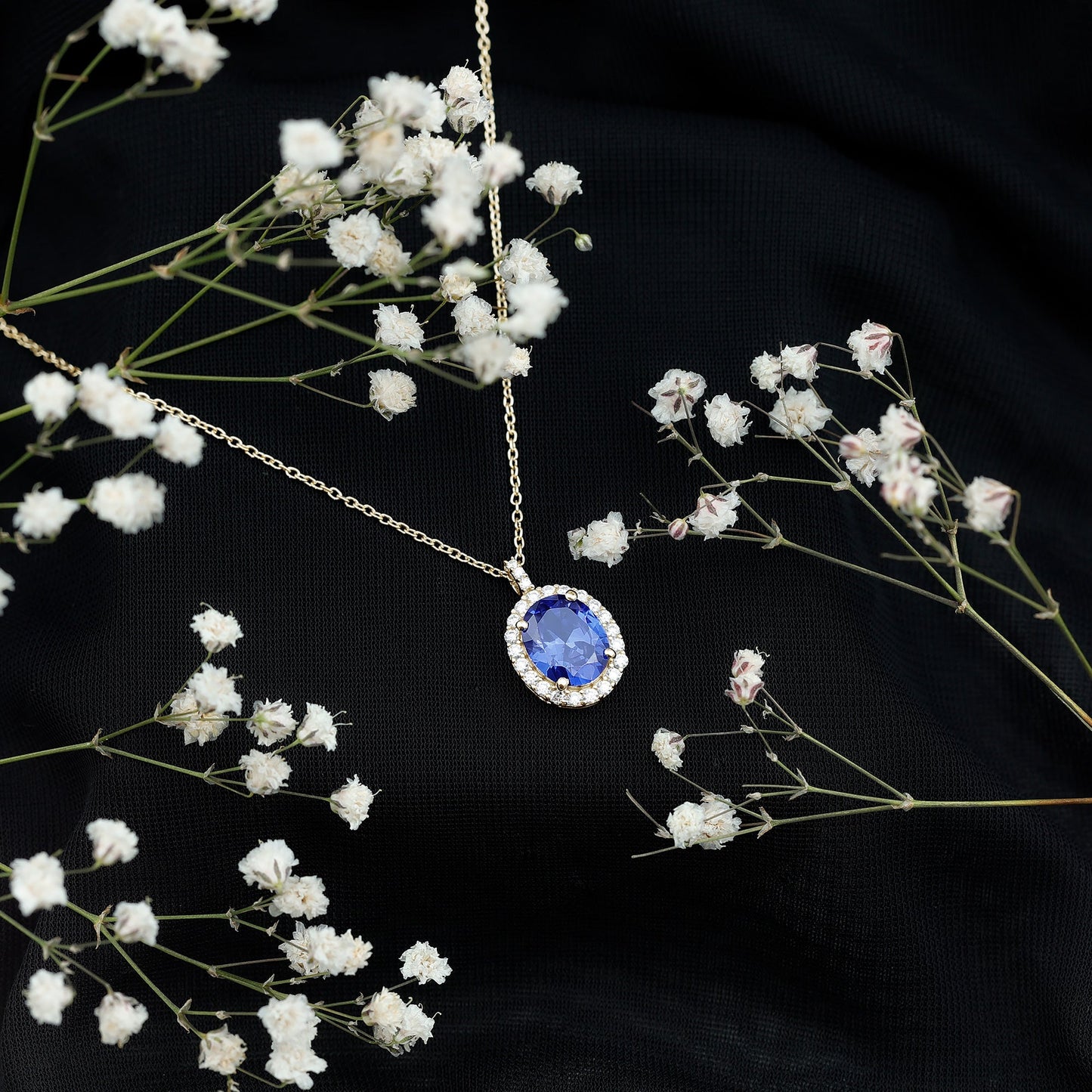 Oval Cut Created Blue Sapphire Statement Necklace With Chain