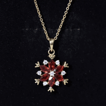 Real Garnet Flower Pendant Necklace in Yellow Gold Plated Silver