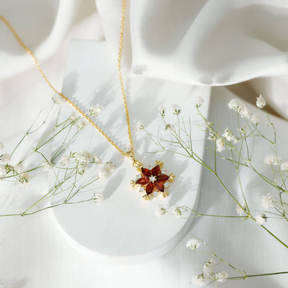 Real Garnet Flower Pendant Necklace in Yellow Gold Plated Silver
