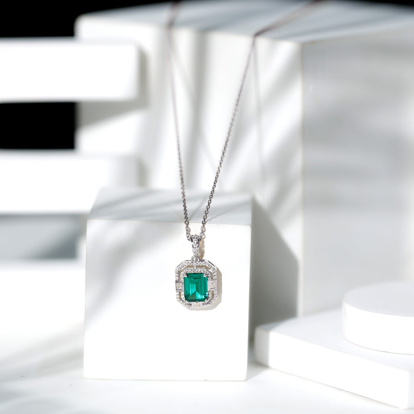 Octagon Cut Lab Created Emerald Vintage Necklace With Chain