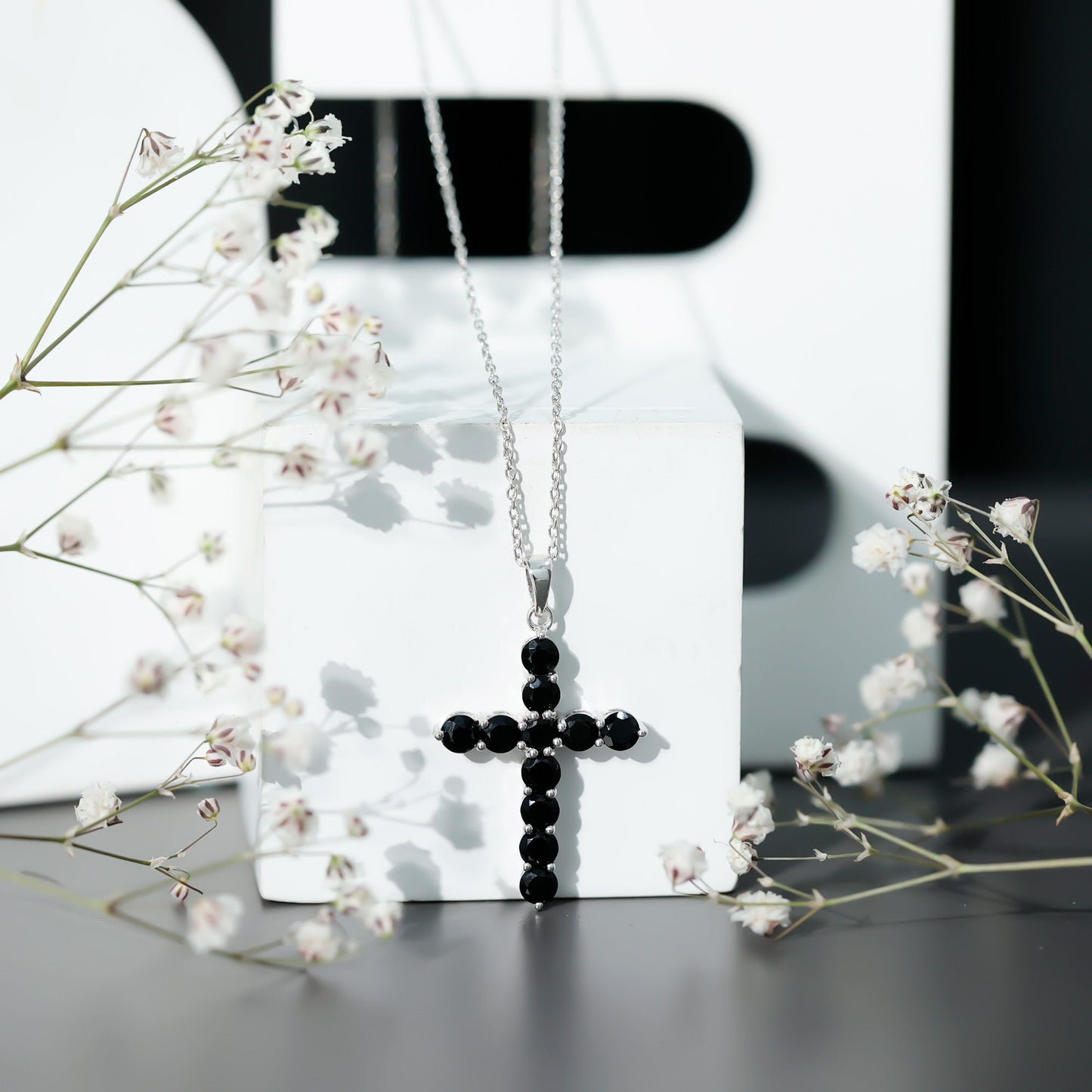 Natural Black Onyx Cross Pendant Necklace for Women