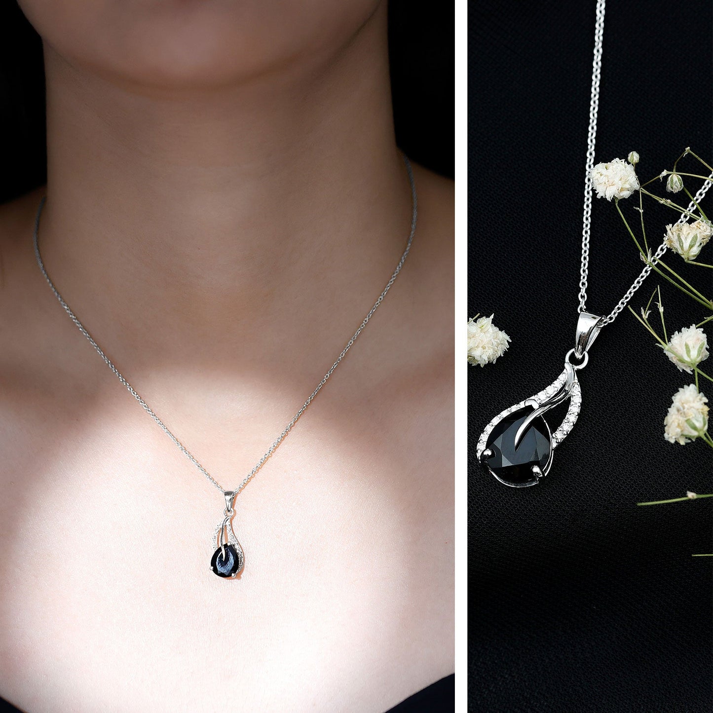 Pear Shaped Black Onyx and Diamond Leaf Pendant Necklace
