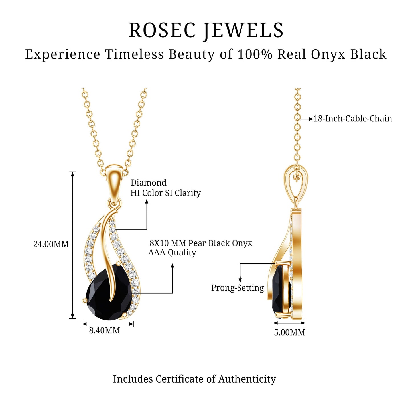 Pear Shaped Black Onyx and Diamond Leaf Pendant Necklace