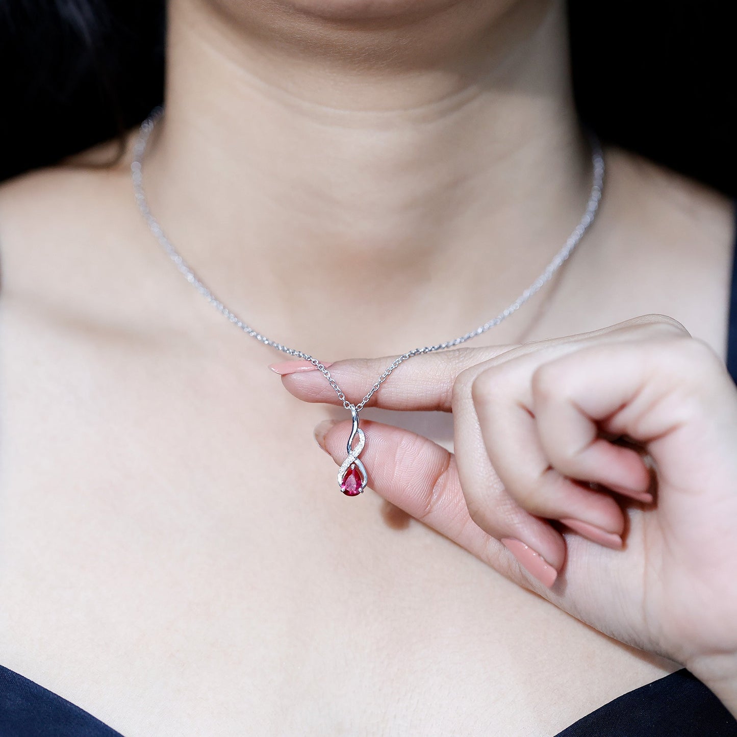 Lab Grown Ruby Teardrop Infinity Necklace with Chain