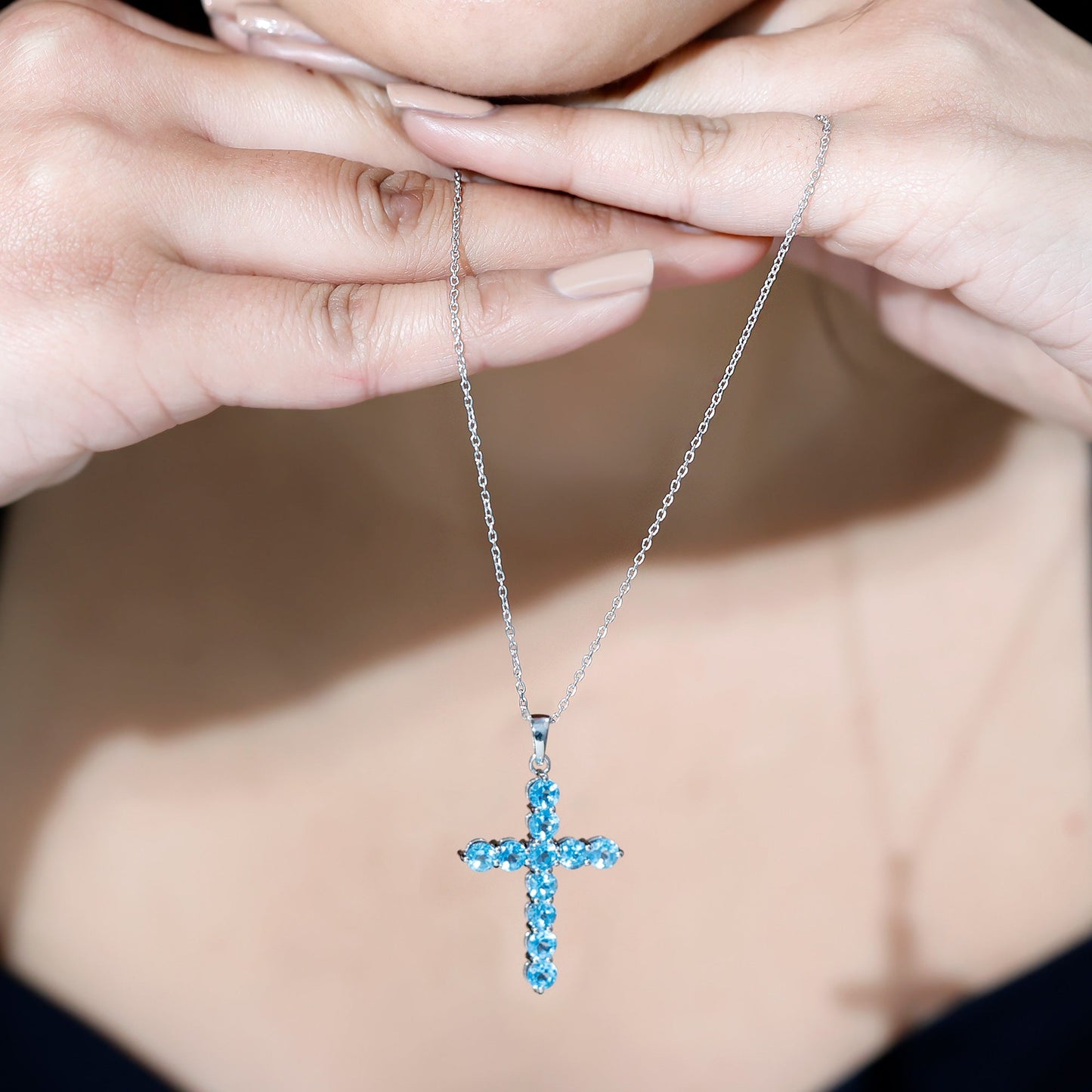 Natural Swiss Blue Topaz Cross Pendant Necklace with Silver Chain