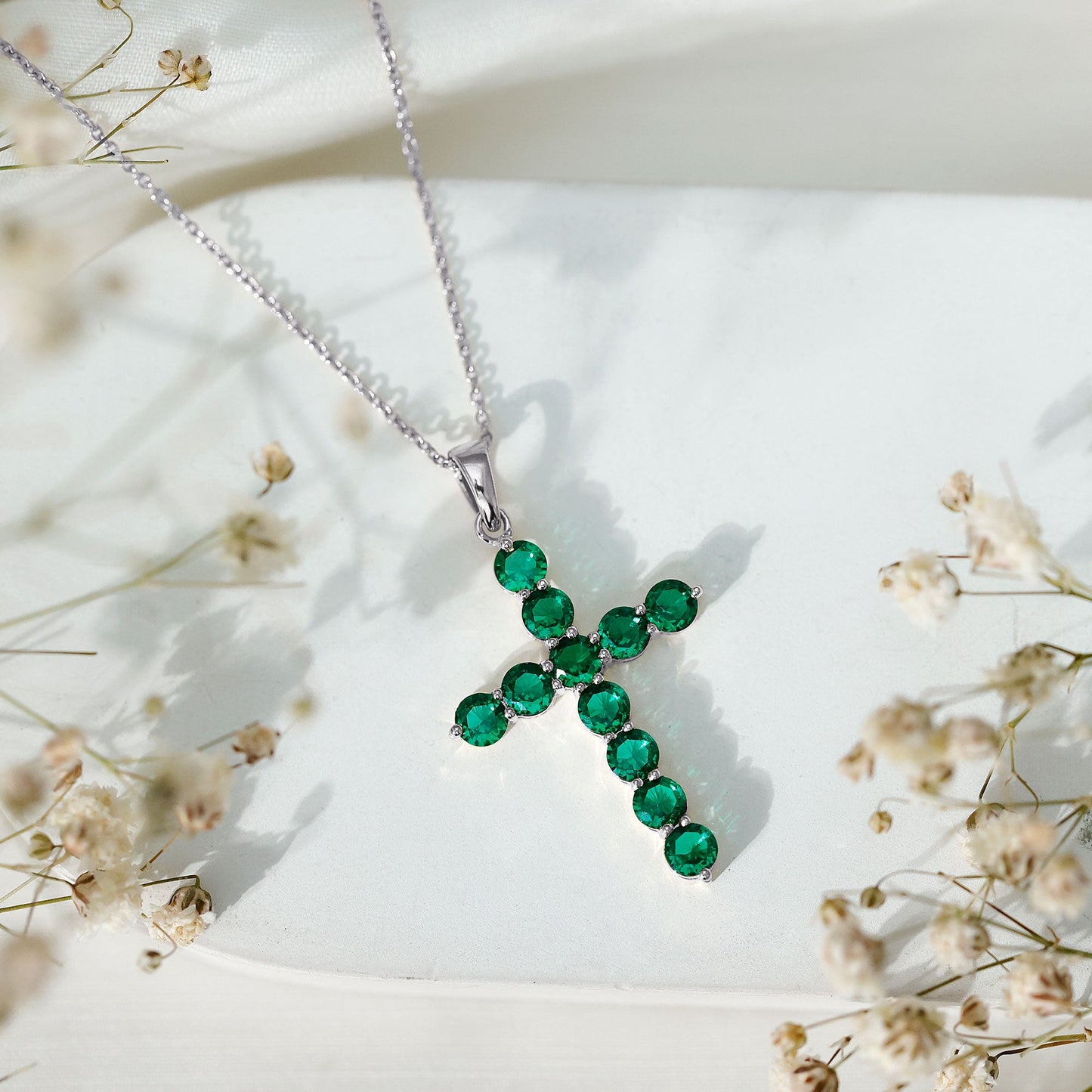 Certified Lab Grown Emerald Christian Cross Necklace With Chain