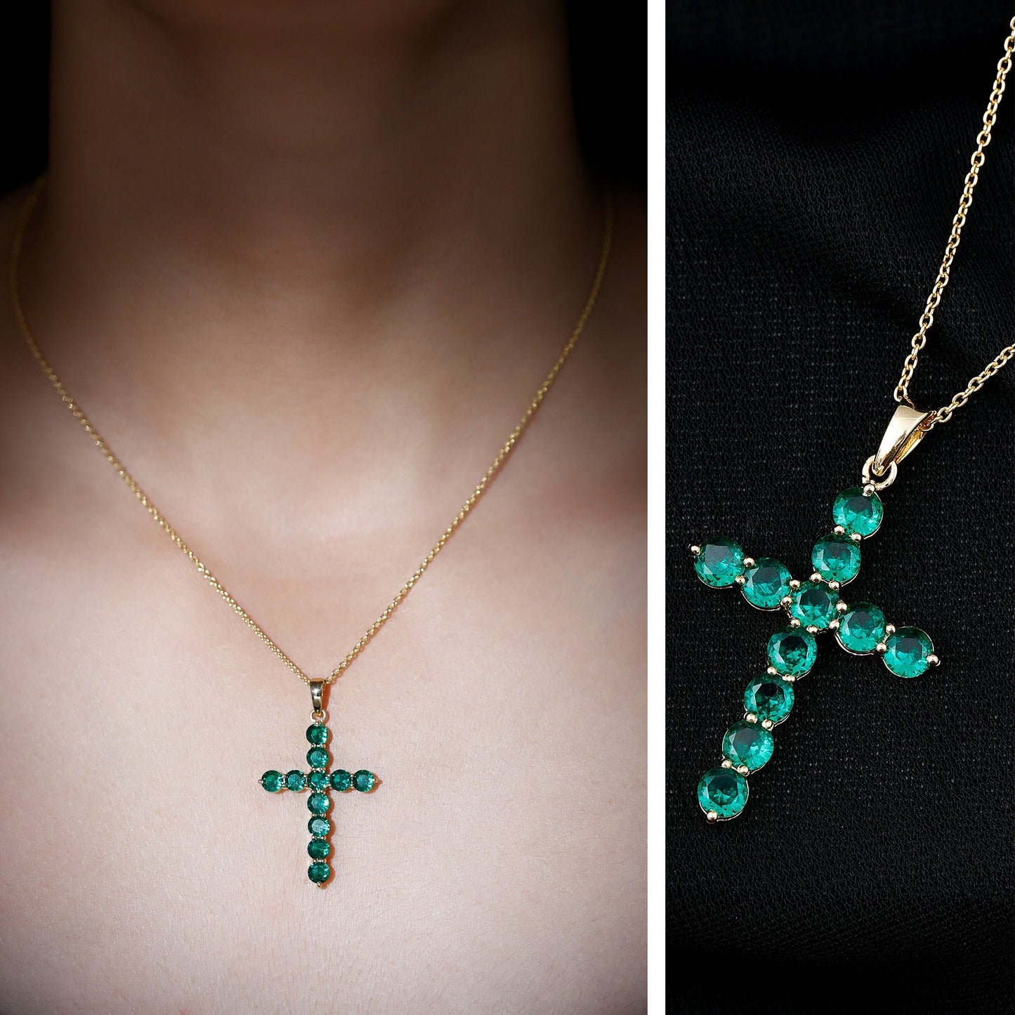 Certified Lab Grown Emerald Christian Cross Necklace With Chain