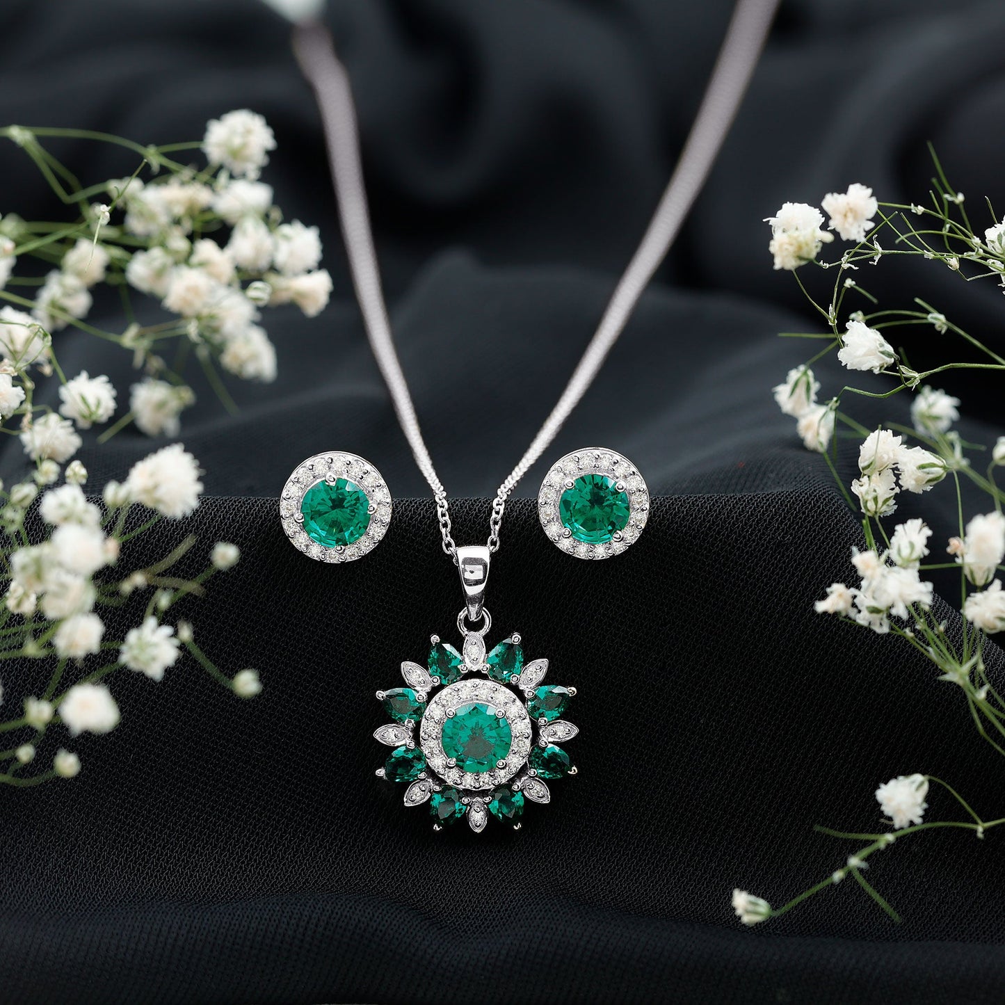 Certified Lab Created Emerald and Diamond Flower Jewelry Set