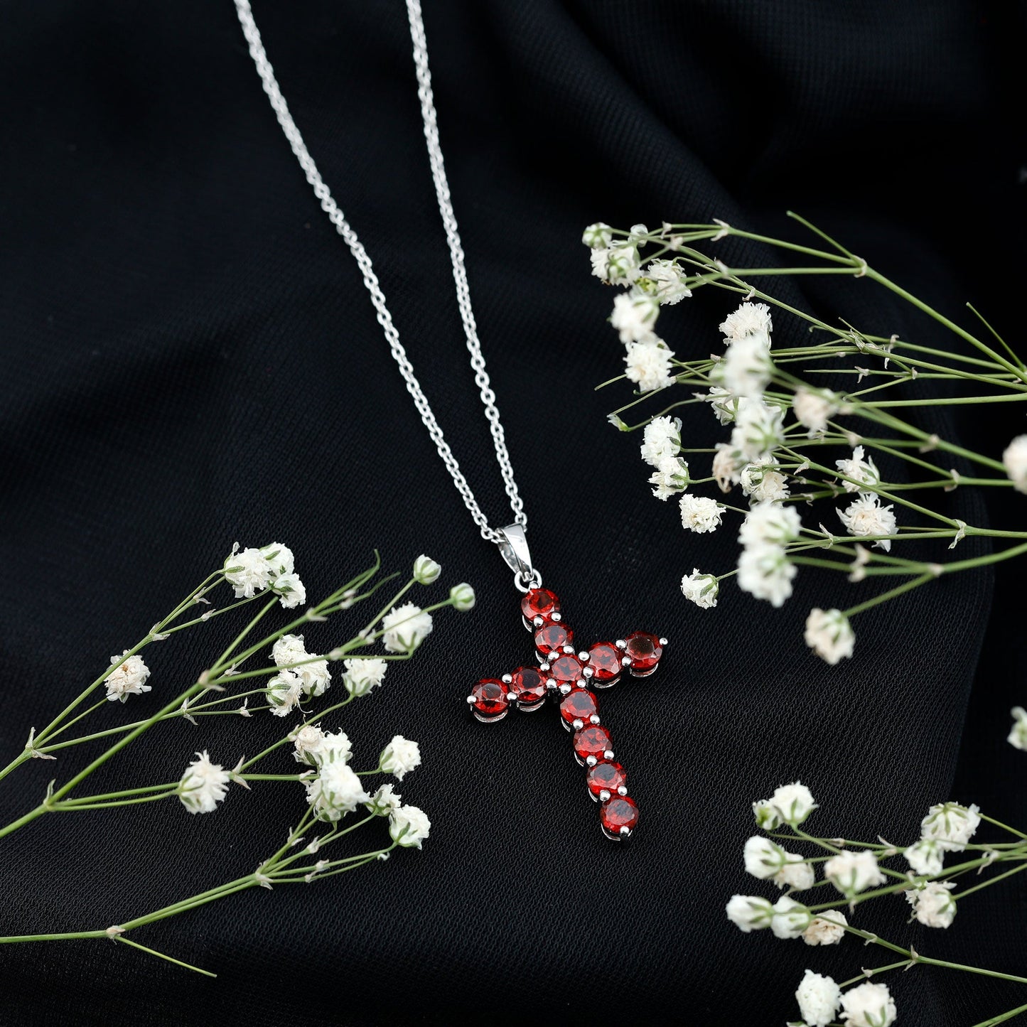 Genuine Garnet Cross Pendant Necklace