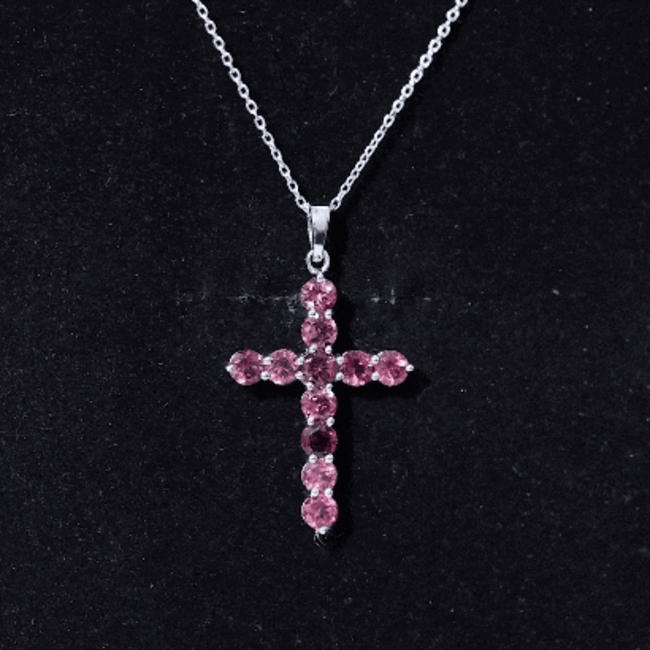 Natural Pink Tourmaline Cross Pendant Necklace for Women
