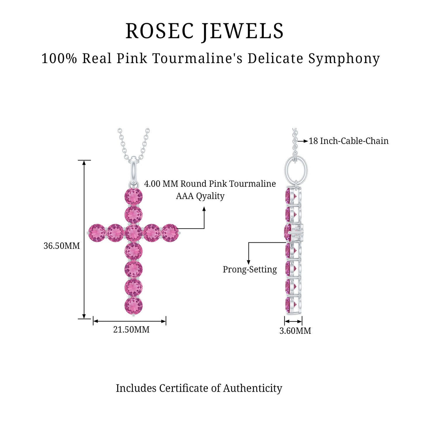 Natural Pink Tourmaline Cross Pendant Necklace for Women