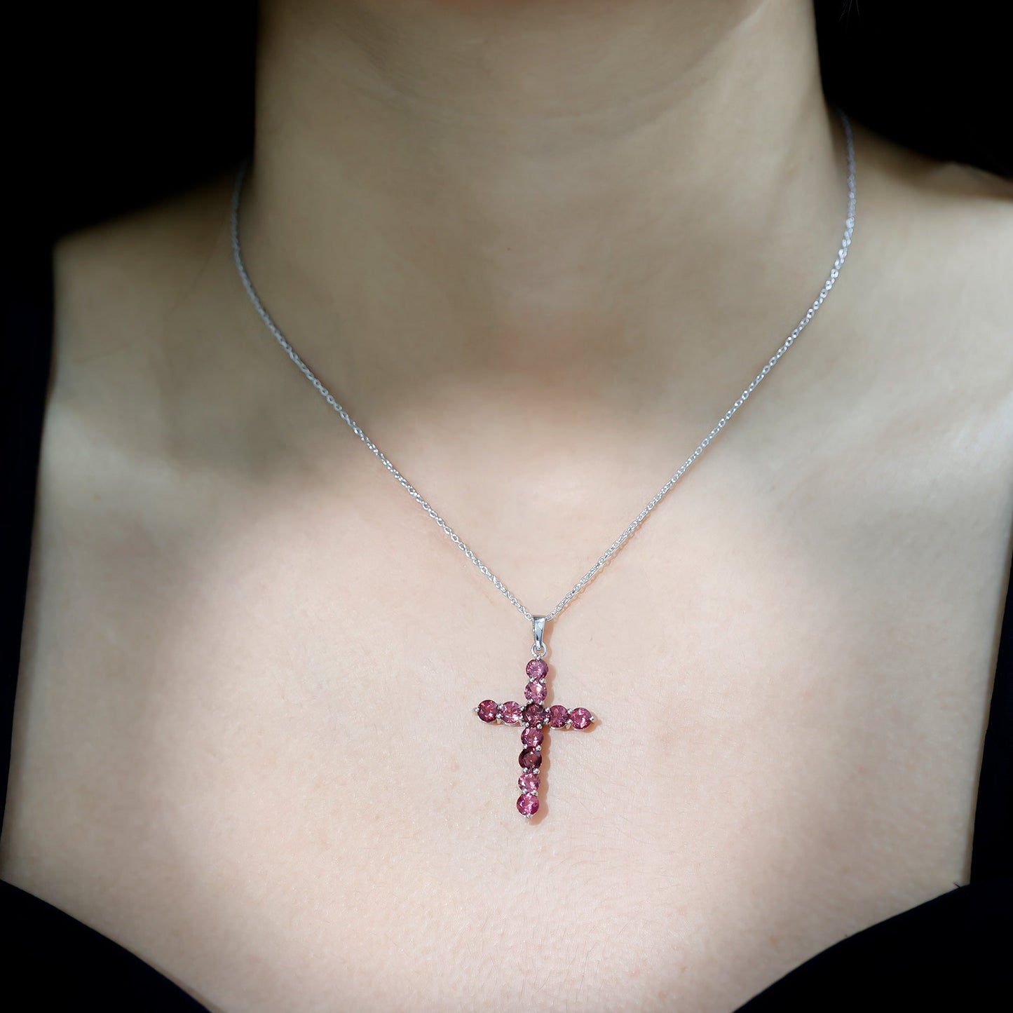 Natural Pink Tourmaline Cross Pendant Necklace for Women