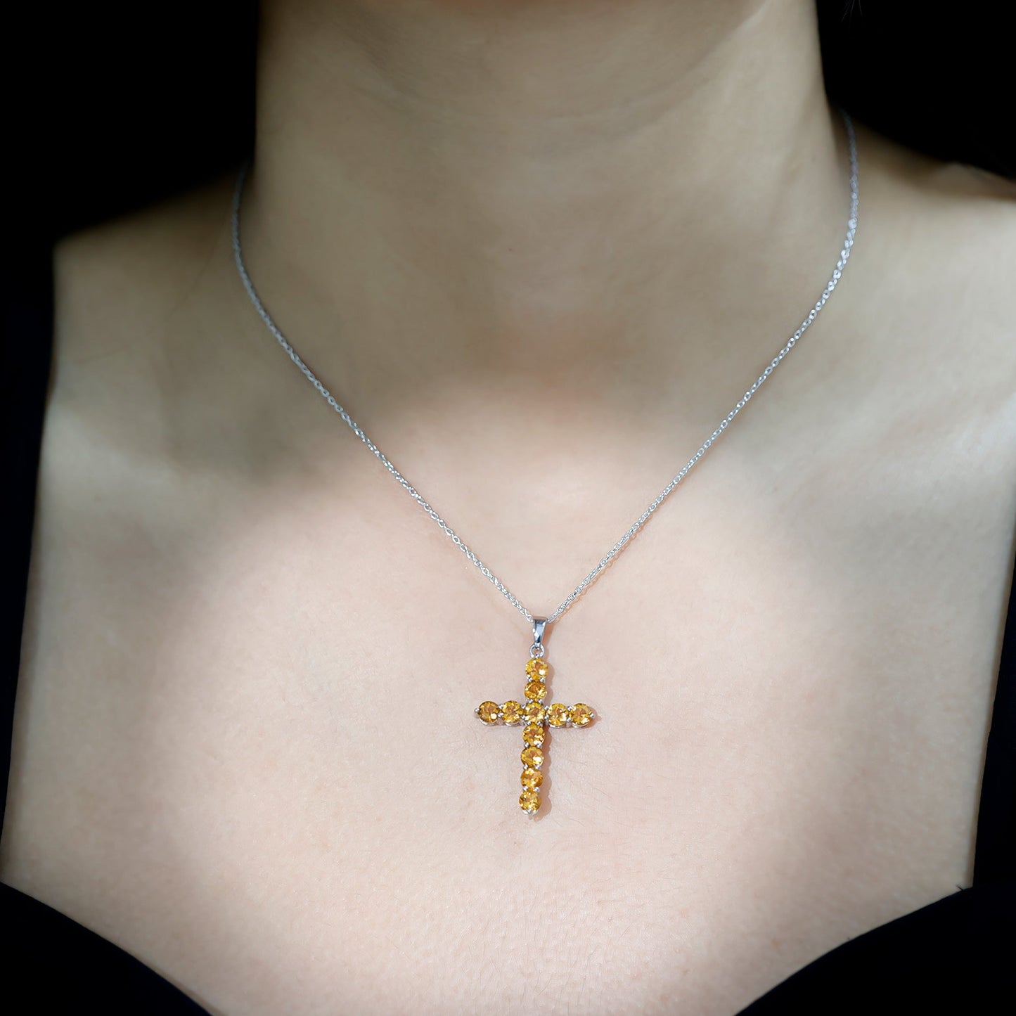 Natural Citrine Silver Cross Necklace with Chain