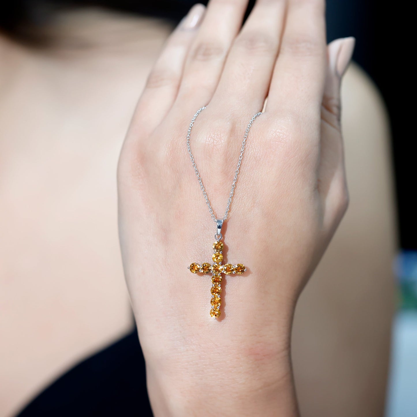 Natural Citrine Silver Cross Necklace with Chain