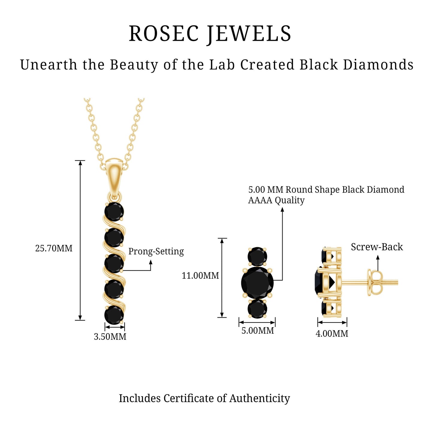 Lab Grown Black Diamond Bar Necklace and Earrings Set