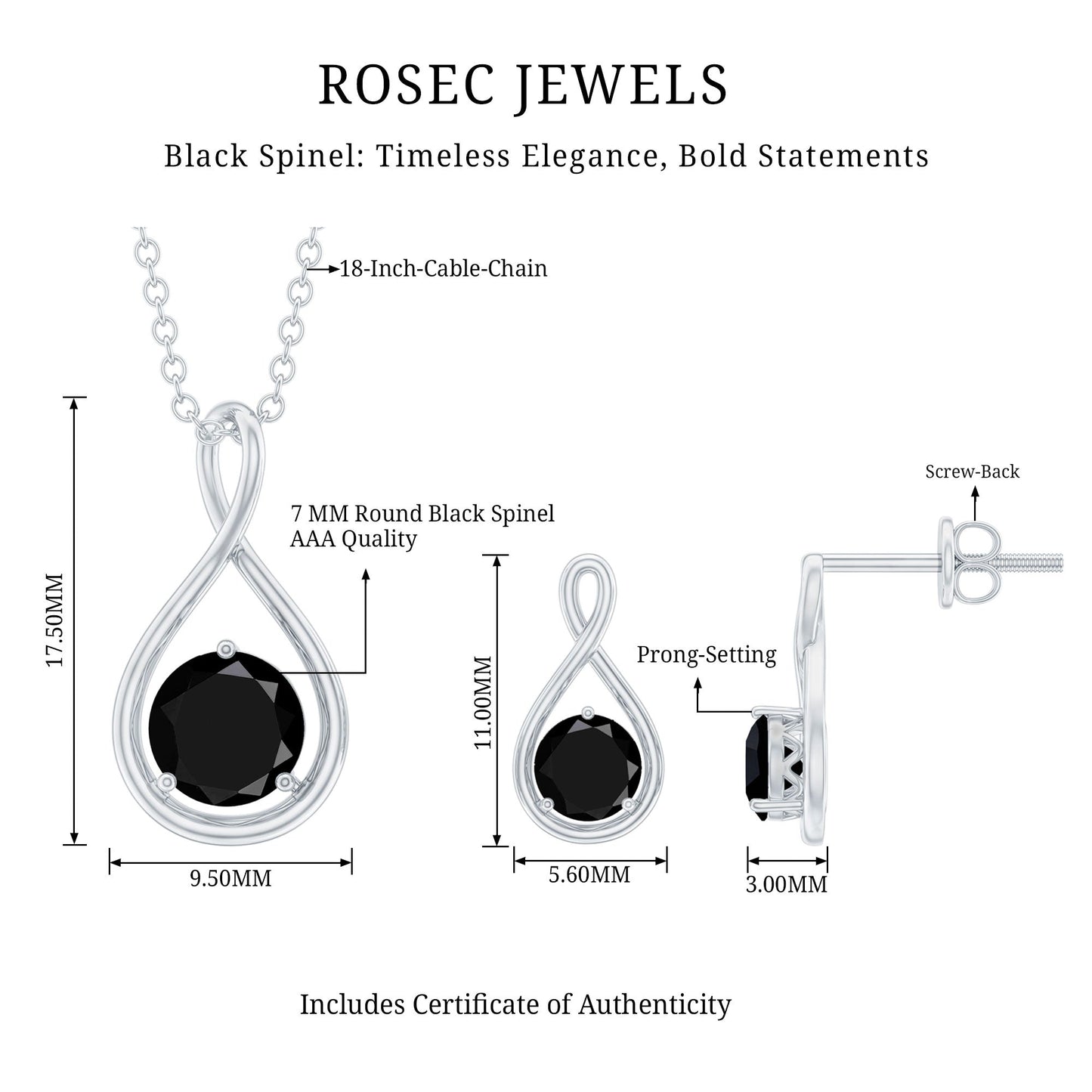Natural Black Spinel Infinity Pendant and Earrings Set