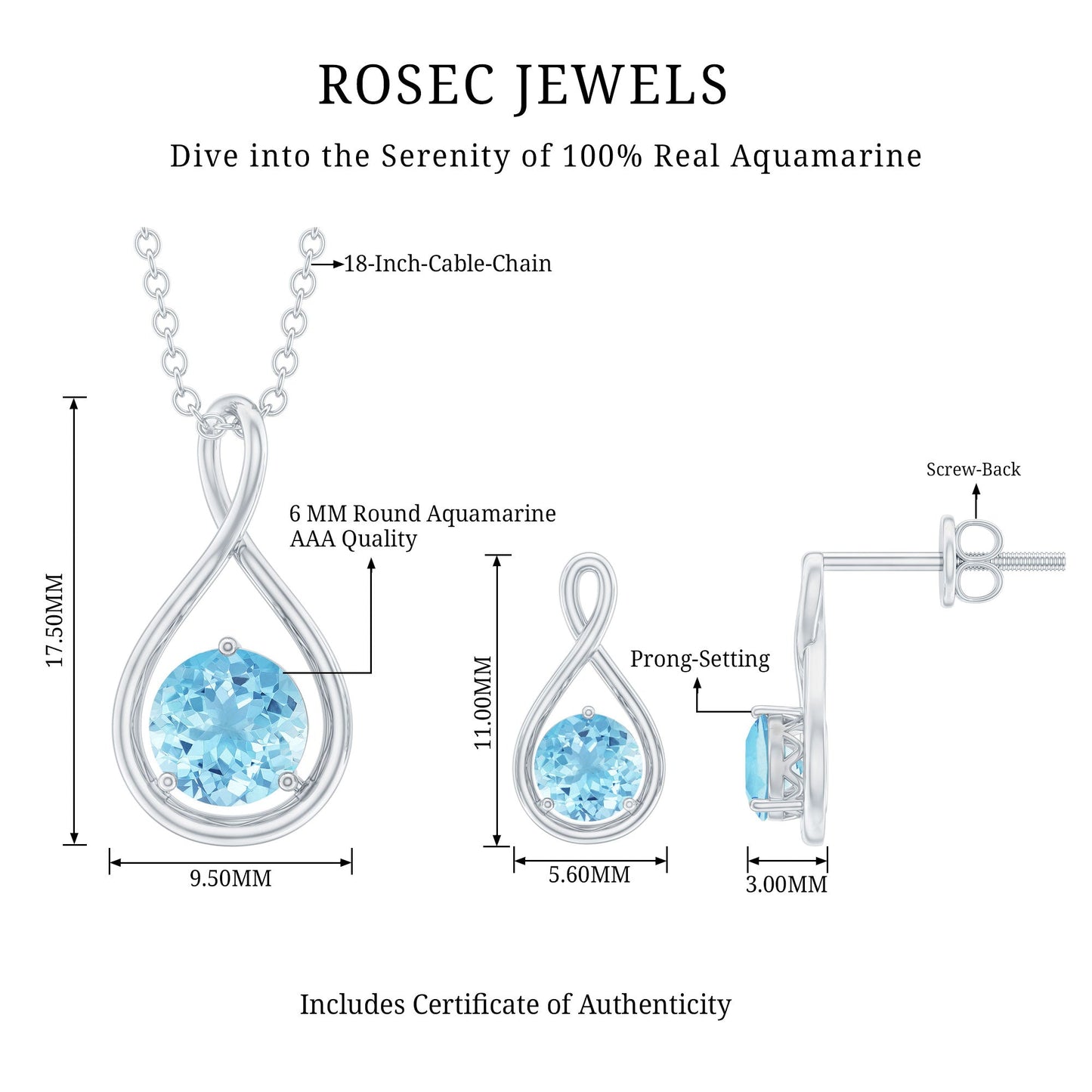 Natural Aquamarine Infinity Jewelry Set for Women