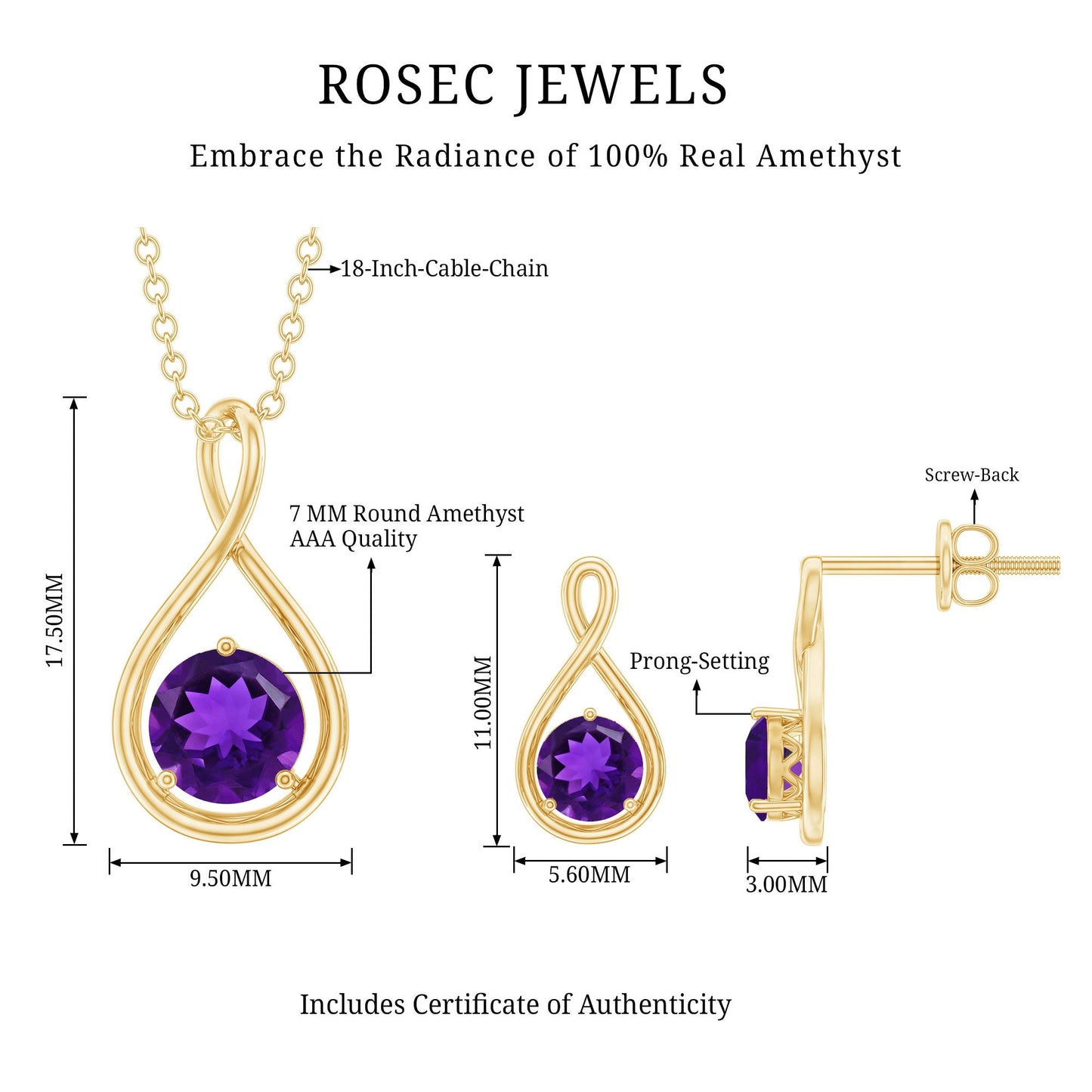 Real Amethyst Infinity Necklace and Earrings Set for Women