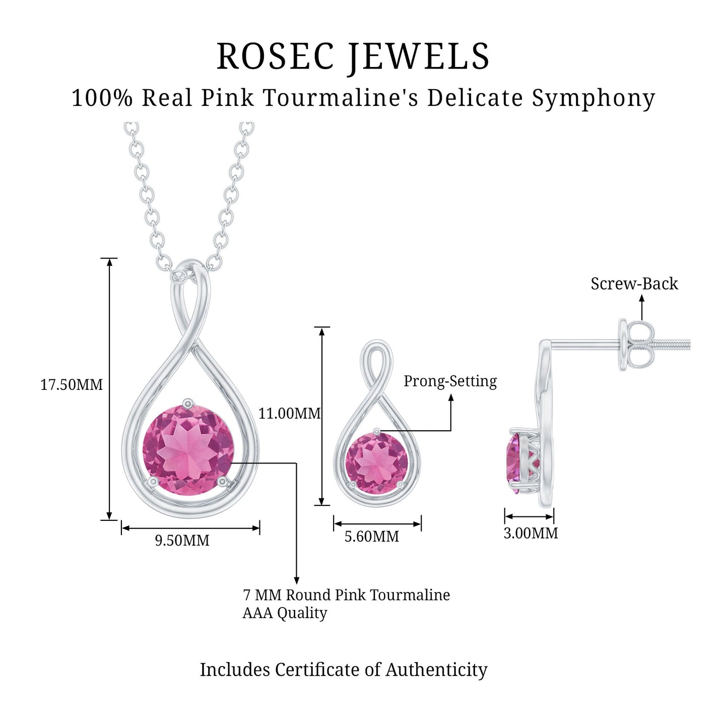 Genuine Pink Tourmaline Infinity Necklace and Earrings Set