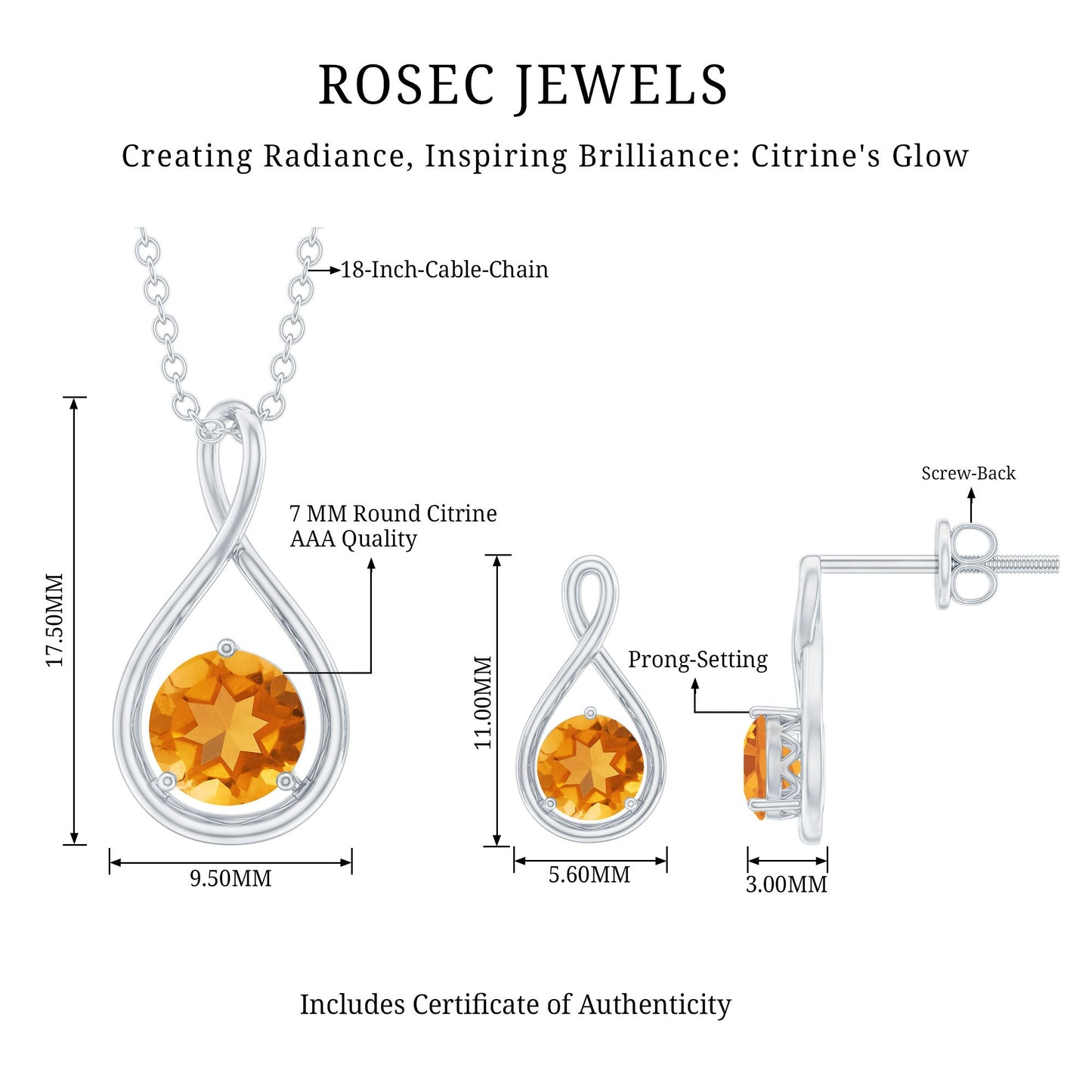 Natural Citrine Infinity Pendant and Earrings Set for Women