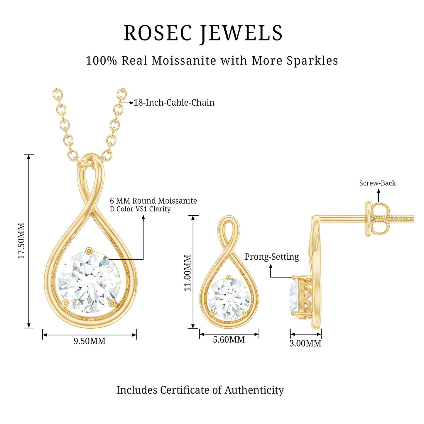 Certified Moissanite Solitaire Infinity Jewelry Set