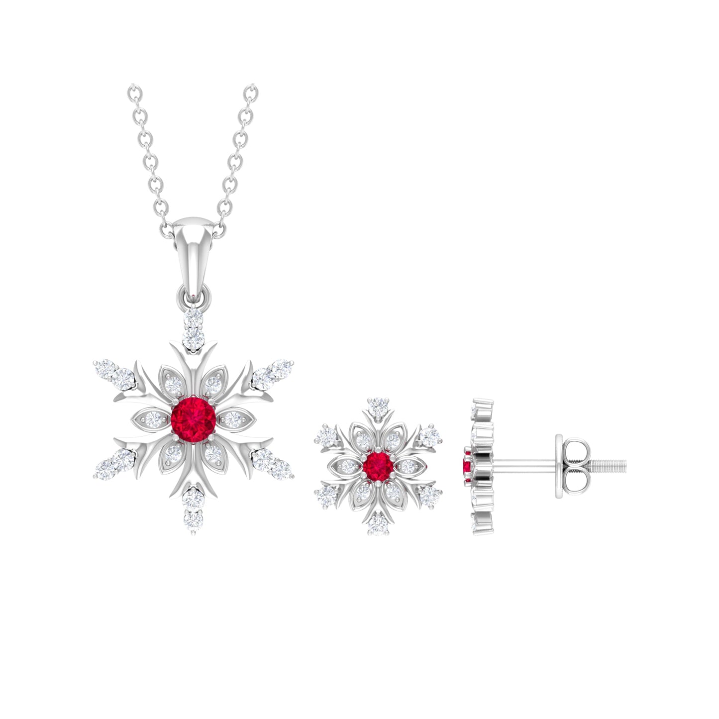 Lab Grown Ruby and Diamond Snowflake Necklace With Earrings