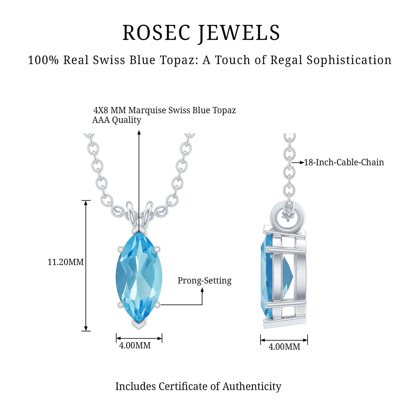 Real 0.7 Carat Marquise Swiss Blue Topaz Solitaire Pendant with Silver Chain