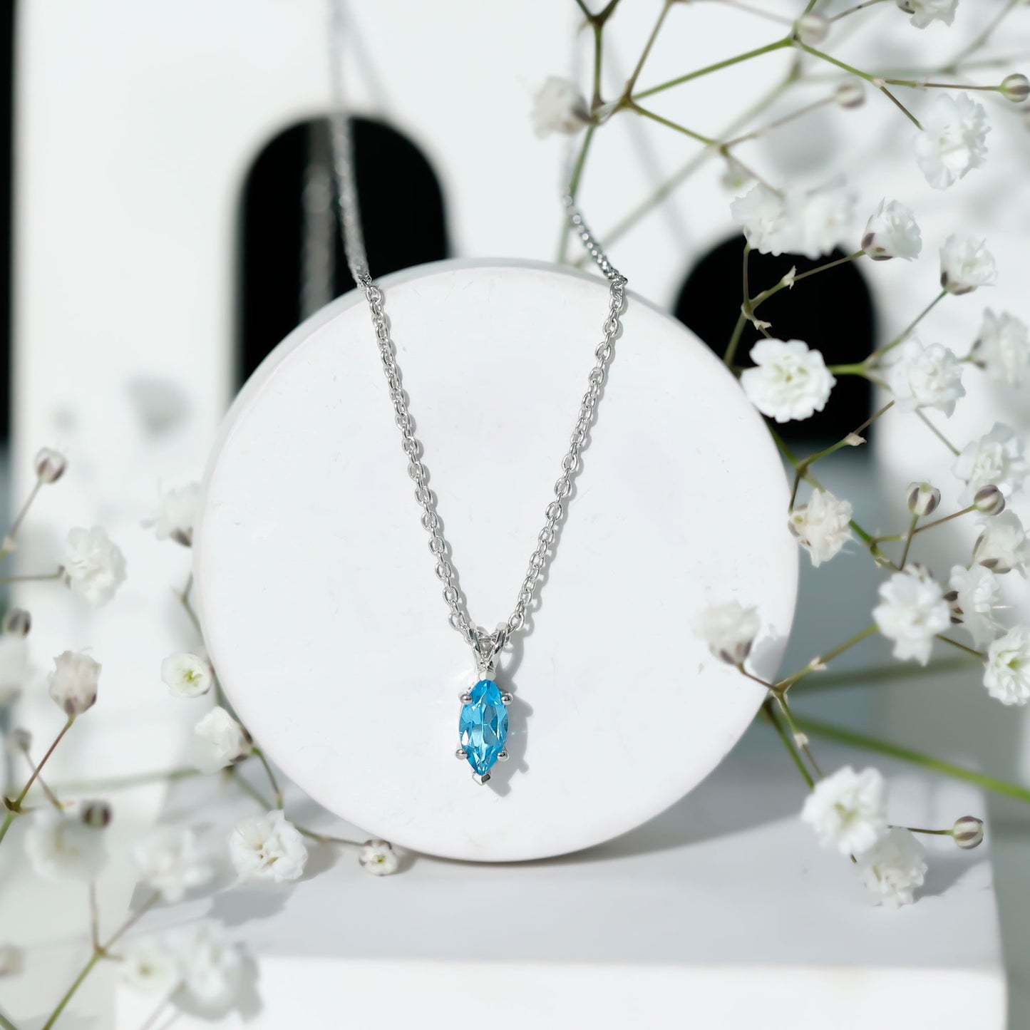Real 0.7 Carat Marquise Swiss Blue Topaz Solitaire Pendant with Silver Chain